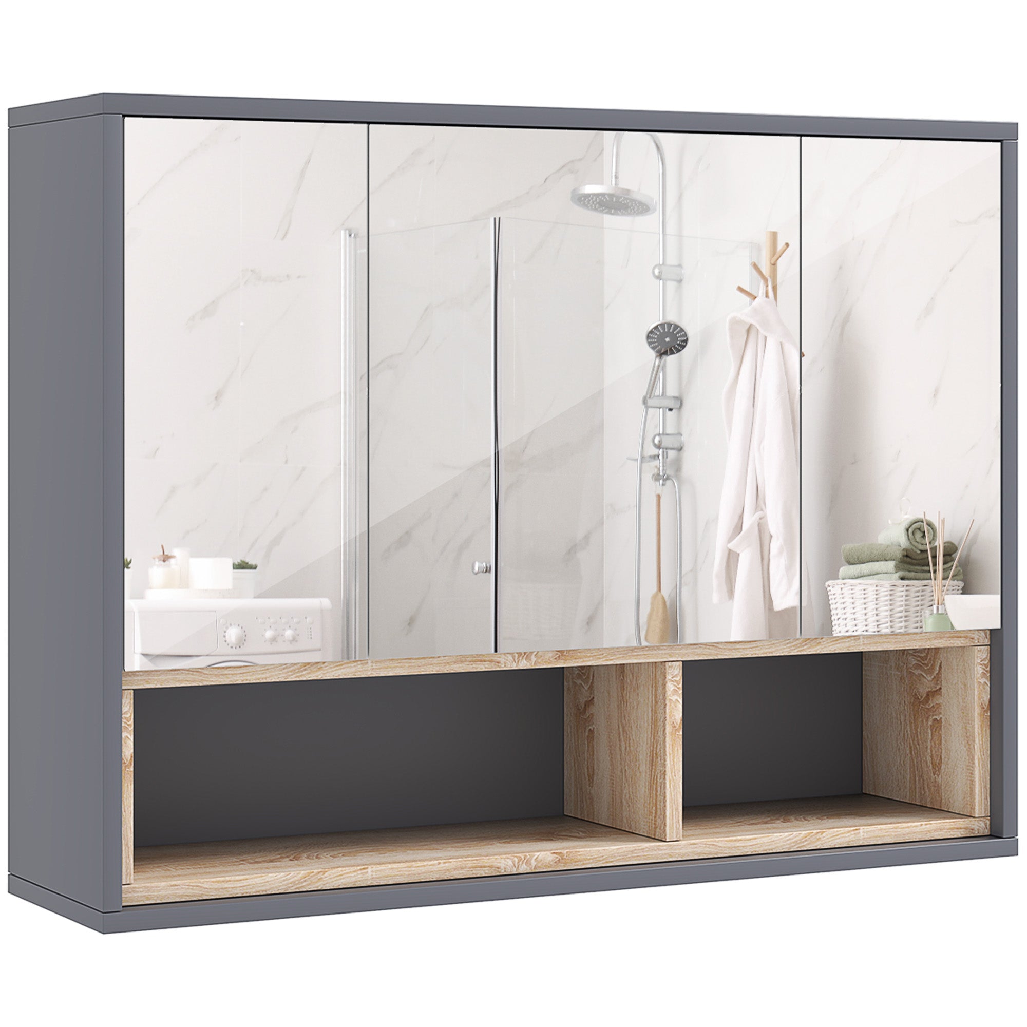HOMCOM Medicine Cabinet with Mirror, Wall Mounted Bathroom Mirror Cabinet with Shelves, 3 Doors Storage Cabinet, Grey