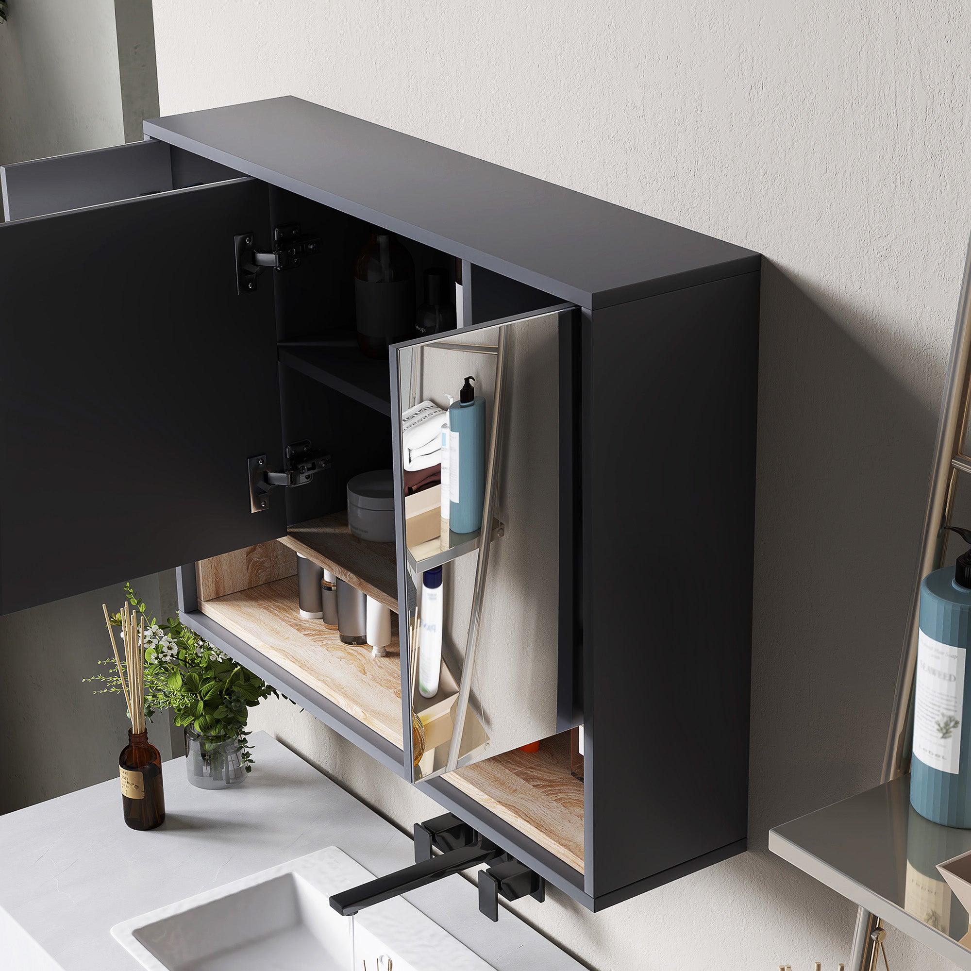 HOMCOM Medicine Cabinet with Mirror, Wall Mounted Bathroom Mirror Cabinet with Shelves, 3 Doors Storage Cabinet, Grey