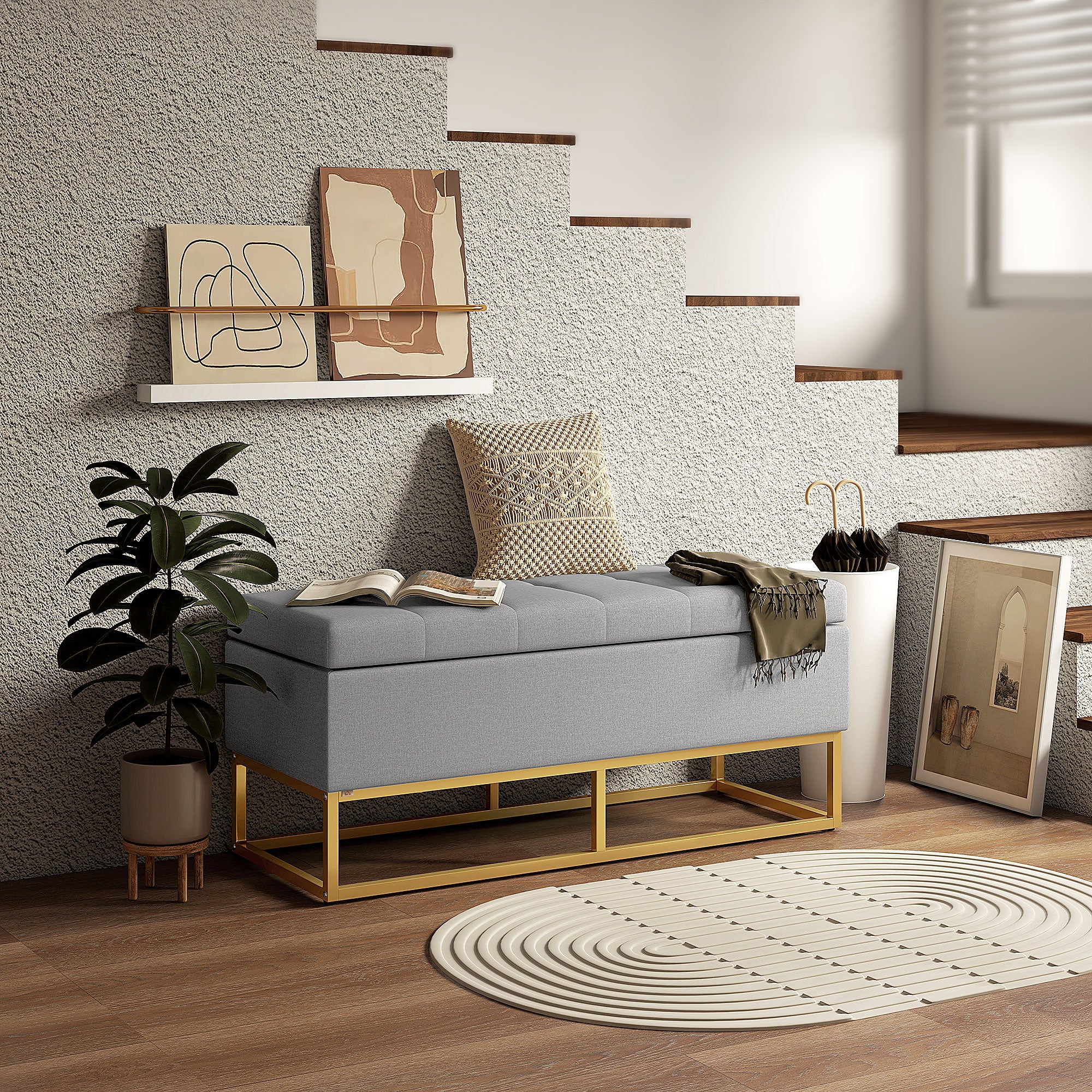 HOMCOM Storage Ottoman with Flip Top, Upholstered Storage Bench, Linen Fabric Footstool with Steel Legs for Living Room, Bedroom, Grey