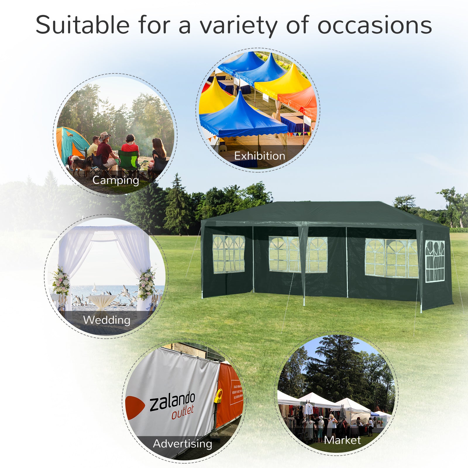 Outsunny 19' x 9' Party Tent Gazebo Canopy with 4 Removable Window Side Walls for Outdoor Event, Wind Ropes and Ground Stakes Included, Green