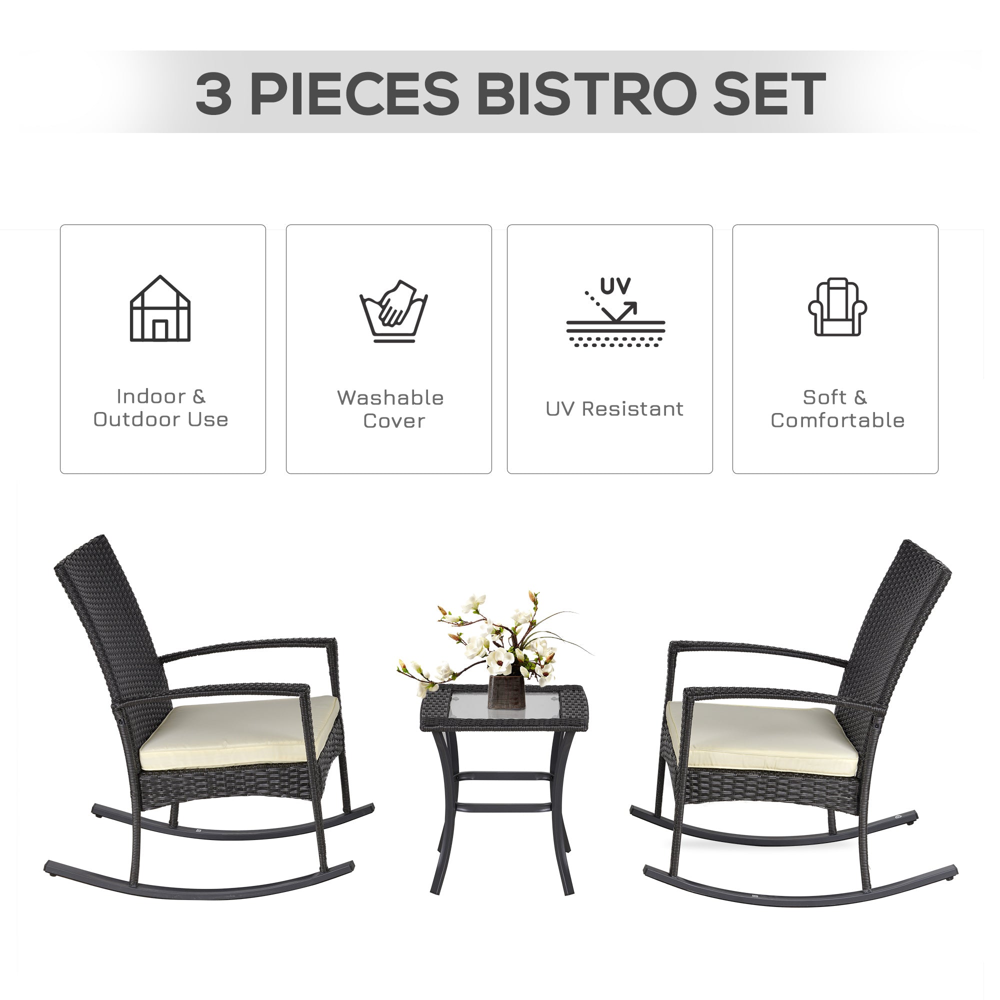 Outsunny 3 Pieces Patio Wicker Rocking Chair Set,  Outdoor PE Rattan Bistro Set Conversation Rocker Set with 2 Chairs 1 Coffee Table for Backyard, Deck, Poolside, Dark Grey
