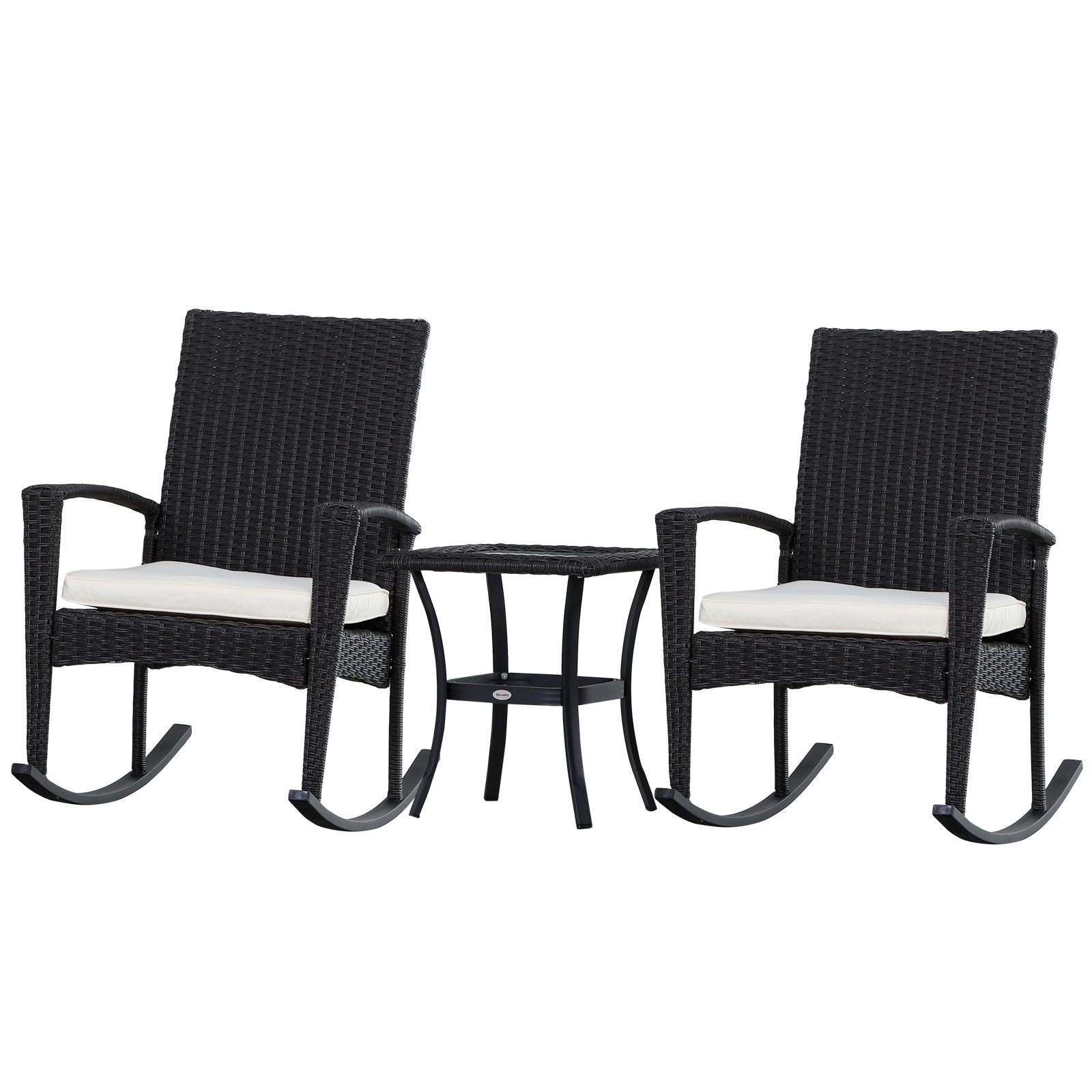 Outsunny 3 Pieces Patio Wicker Rocking Chair Set,  Outdoor PE Rattan Bistro Set Conversation Rocker Set with 2 Chairs 1 Coffee Table for Backyard, Deck, Poolside, Dark Grey