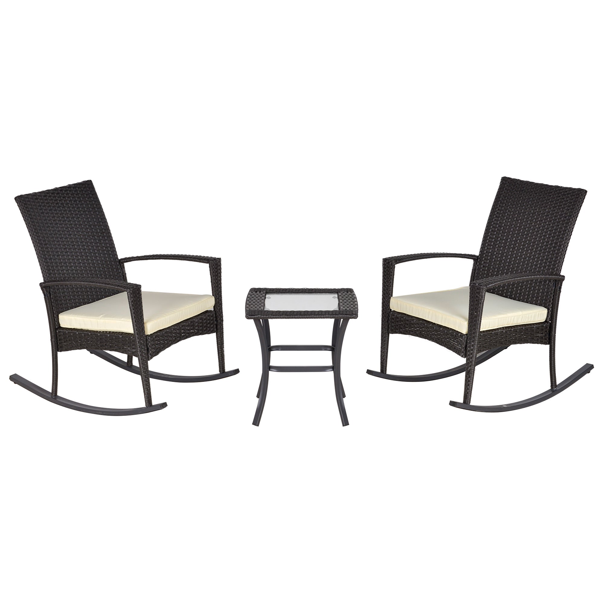 Outsunny 3 Pieces Patio Wicker Rocking Chair Set,  Outdoor PE Rattan Bistro Set Conversation Rocker Set with 2 Chairs 1 Coffee Table for Backyard, Deck, Poolside, Dark Grey
