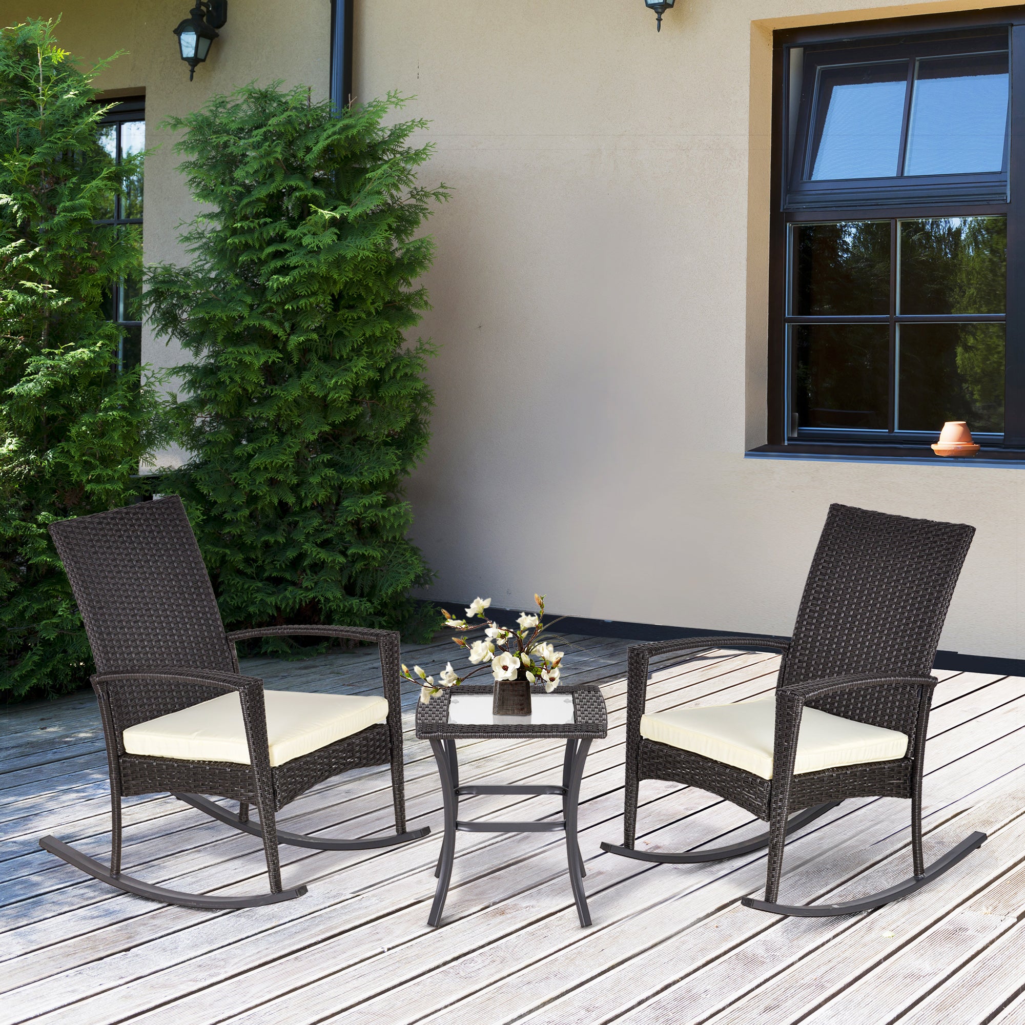 Outsunny 3 Pieces Patio Wicker Rocking Chair Set,  Outdoor PE Rattan Bistro Set Conversation Rocker Set with 2 Chairs 1 Coffee Table for Backyard, Deck, Poolside, Dark Grey