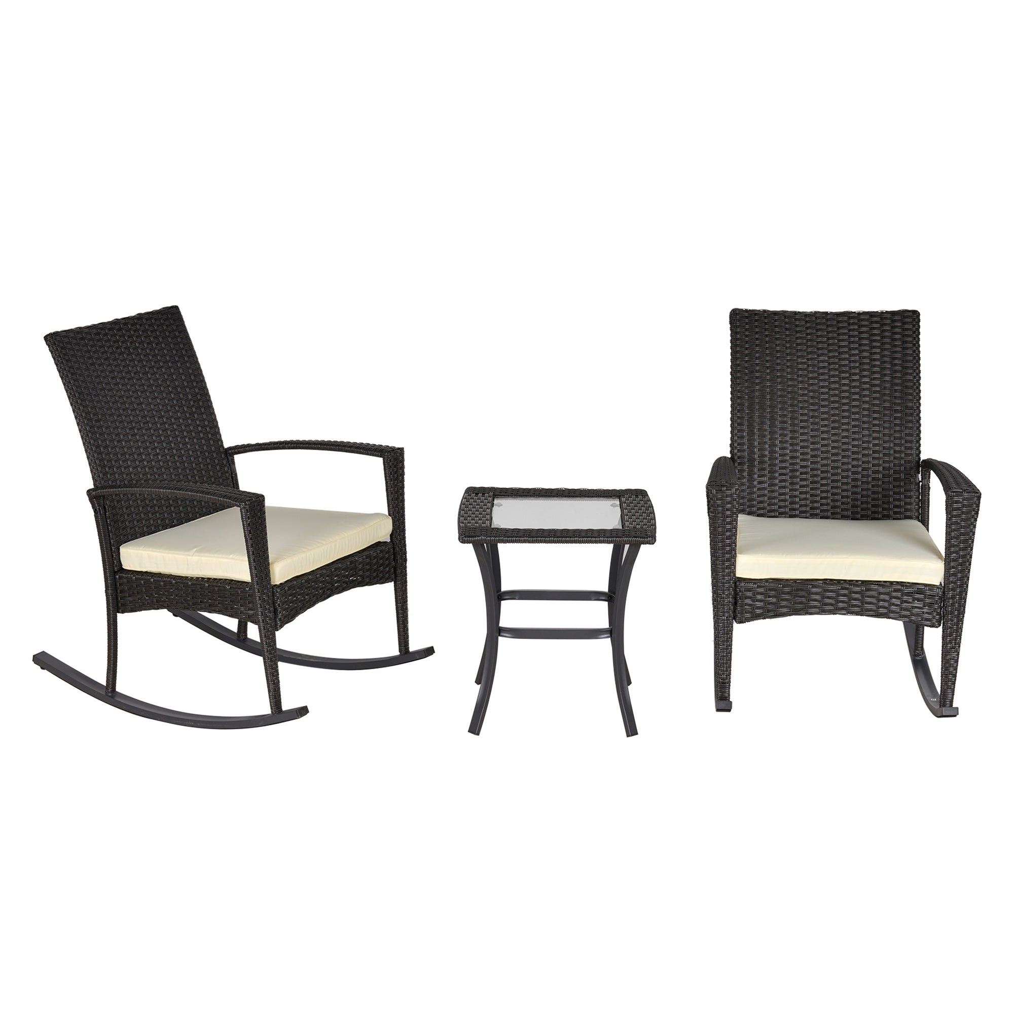 Outsunny 3 Pieces Patio Wicker Rocking Chair Set,  Outdoor PE Rattan Bistro Set Conversation Rocker Set with 2 Chairs 1 Coffee Table for Backyard, Deck, Poolside, Dark Grey