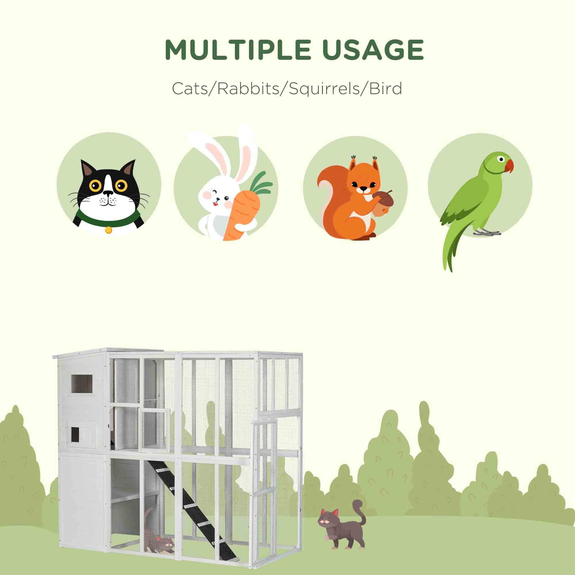 PawHut Large Catio Outdoor Cat Enclosure Weatherproof Cat House with Cat Condo, Indoor Wooden Cat Cage Pet Kennel, 77"L x 38"W x 69"H, White