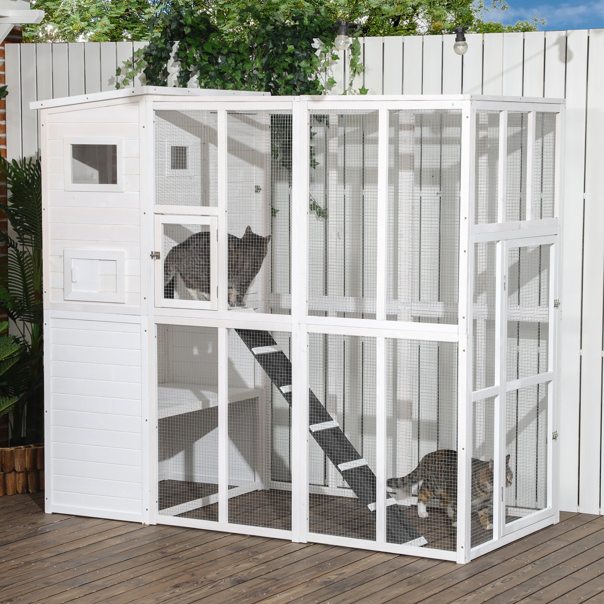 PawHut Large Catio Outdoor Cat Enclosure Weatherproof Cat House with Cat Condo, Indoor Wooden Cat Cage Pet Kennel, 77"L x 38"W x 69"H, White