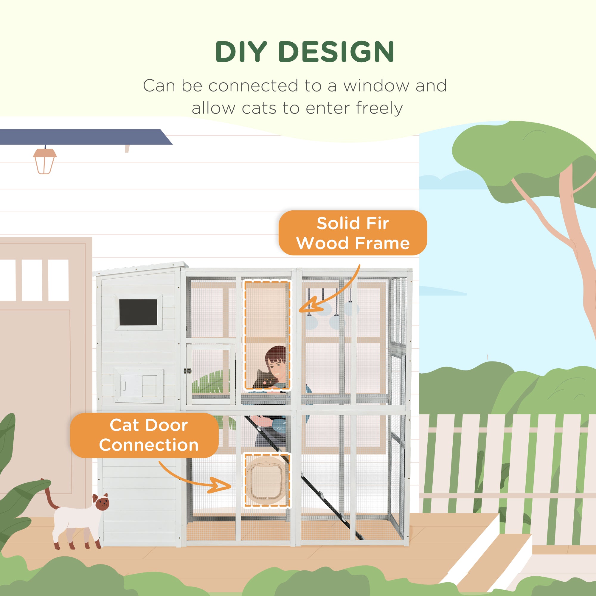 PawHut Large Catio Outdoor Cat Enclosure Weatherproof Cat House with Cat Condo, Indoor Wooden Cat Cage Pet Kennel, 77"L x 38"W x 69"H, White