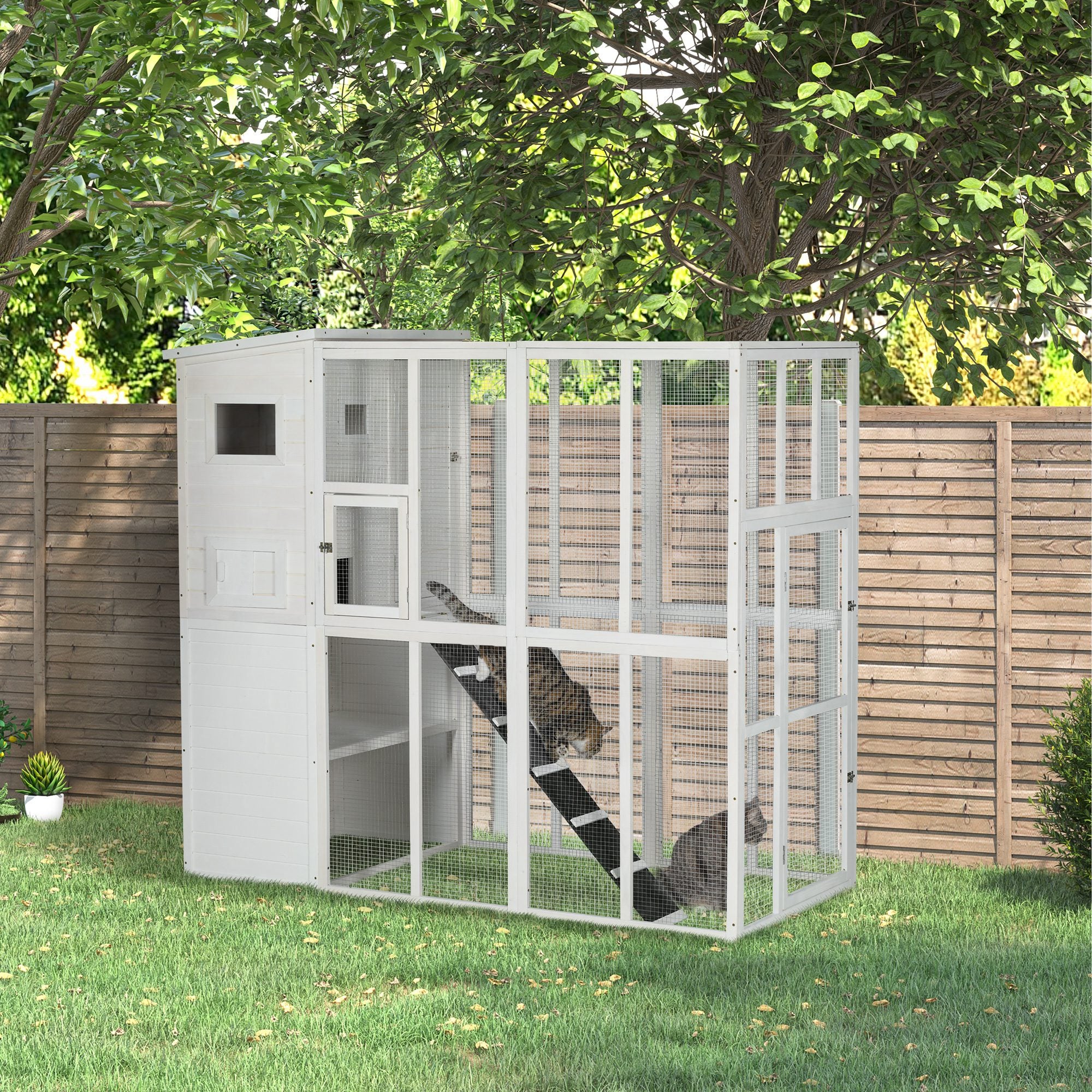 PawHut Large Catio Outdoor Cat Enclosure Weatherproof Cat House with Cat Condo, Indoor Wooden Cat Cage Pet Kennel, 77