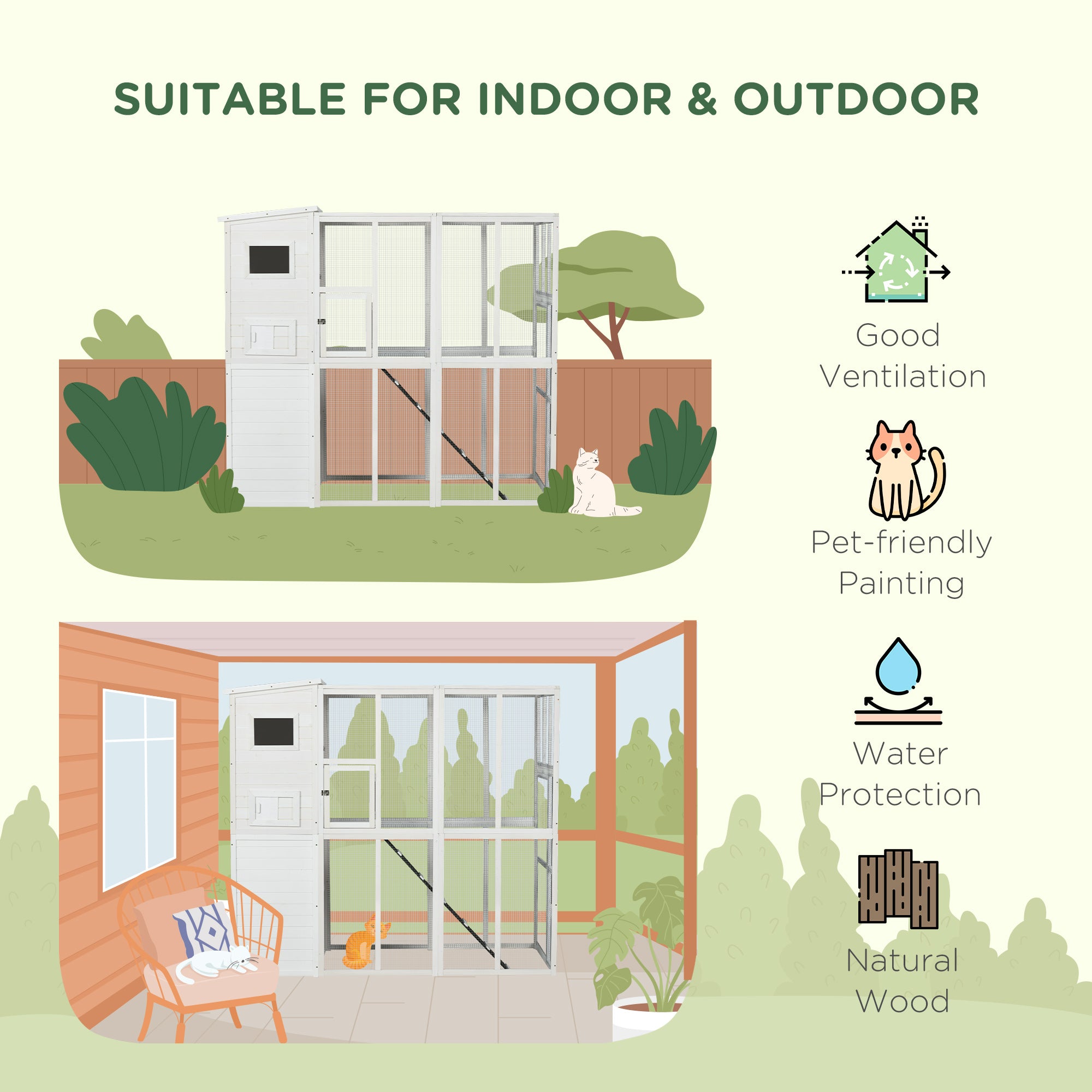PawHut Large Catio Outdoor Cat Enclosure Weatherproof Cat House with Cat Condo, Indoor Wooden Cat Cage Pet Kennel, 77"L x 38"W x 69"H, White