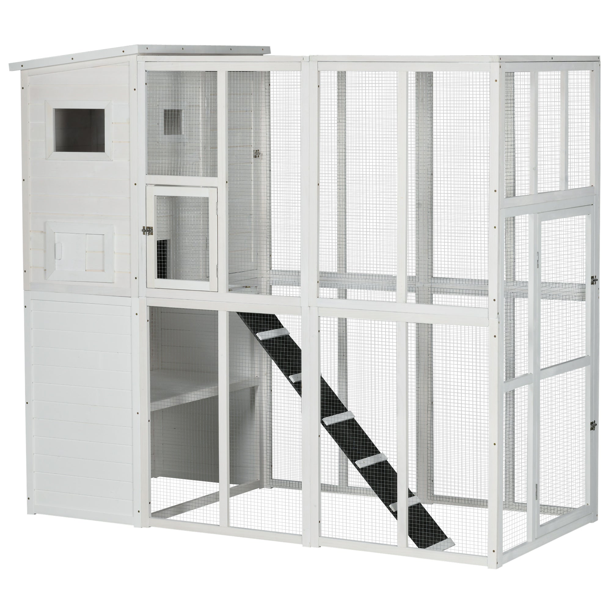 PawHut Large Catio Outdoor Cat Enclosure Weatherproof Cat House with Cat Condo, Indoor Wooden Cat Cage Pet Kennel, 77