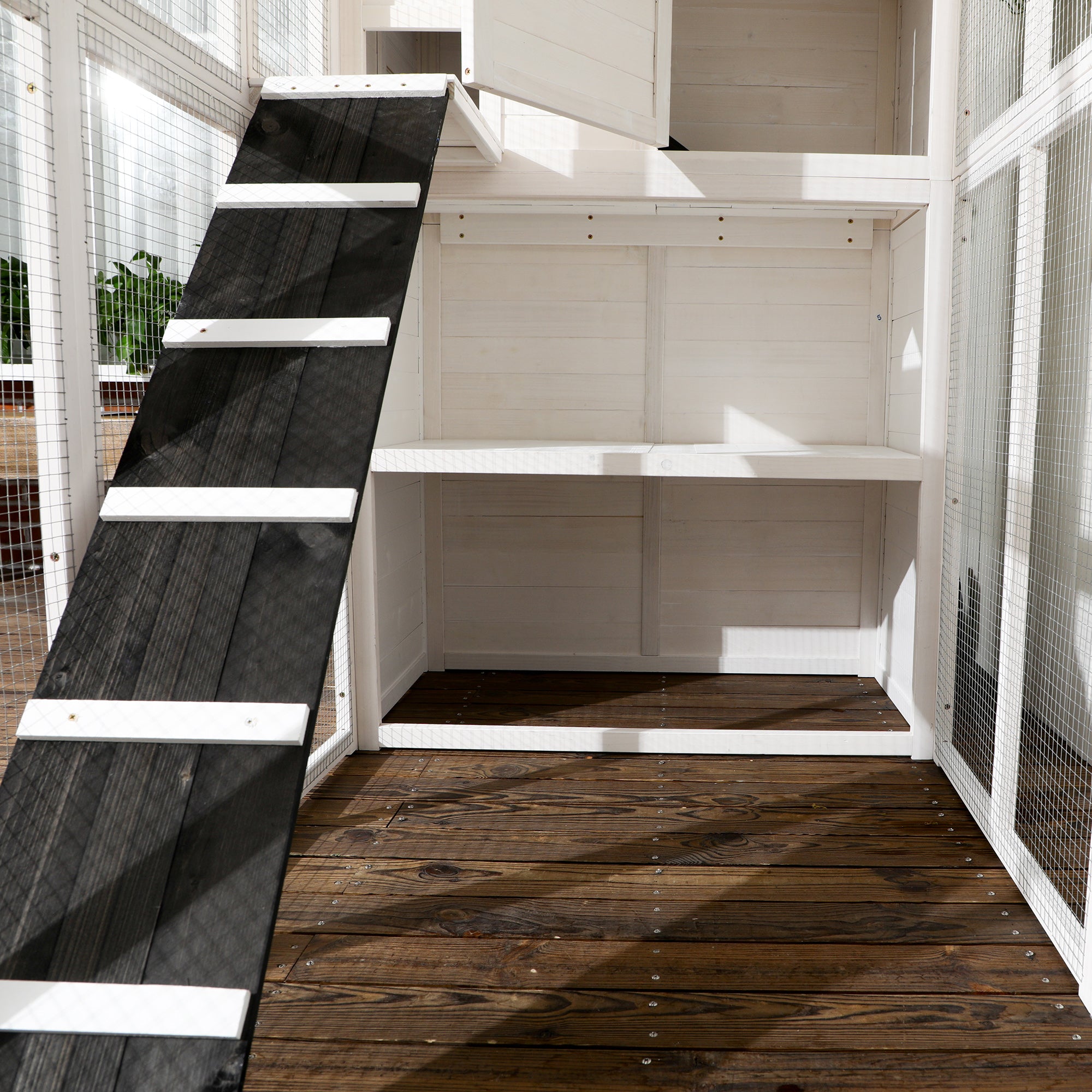 PawHut Large Catio Outdoor Cat Enclosure Weatherproof Cat House with Cat Condo, Indoor Wooden Cat Cage Pet Kennel, 77"L x 38"W x 69"H, White