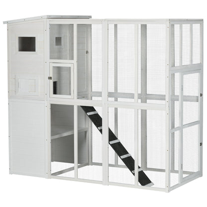 PawHut Large Catio Outdoor Cat Enclosure Weatherproof Cat House with Cat Condo, Indoor Wooden Cat Cage Pet Kennel, 77"L x 38"W x 69"H, White