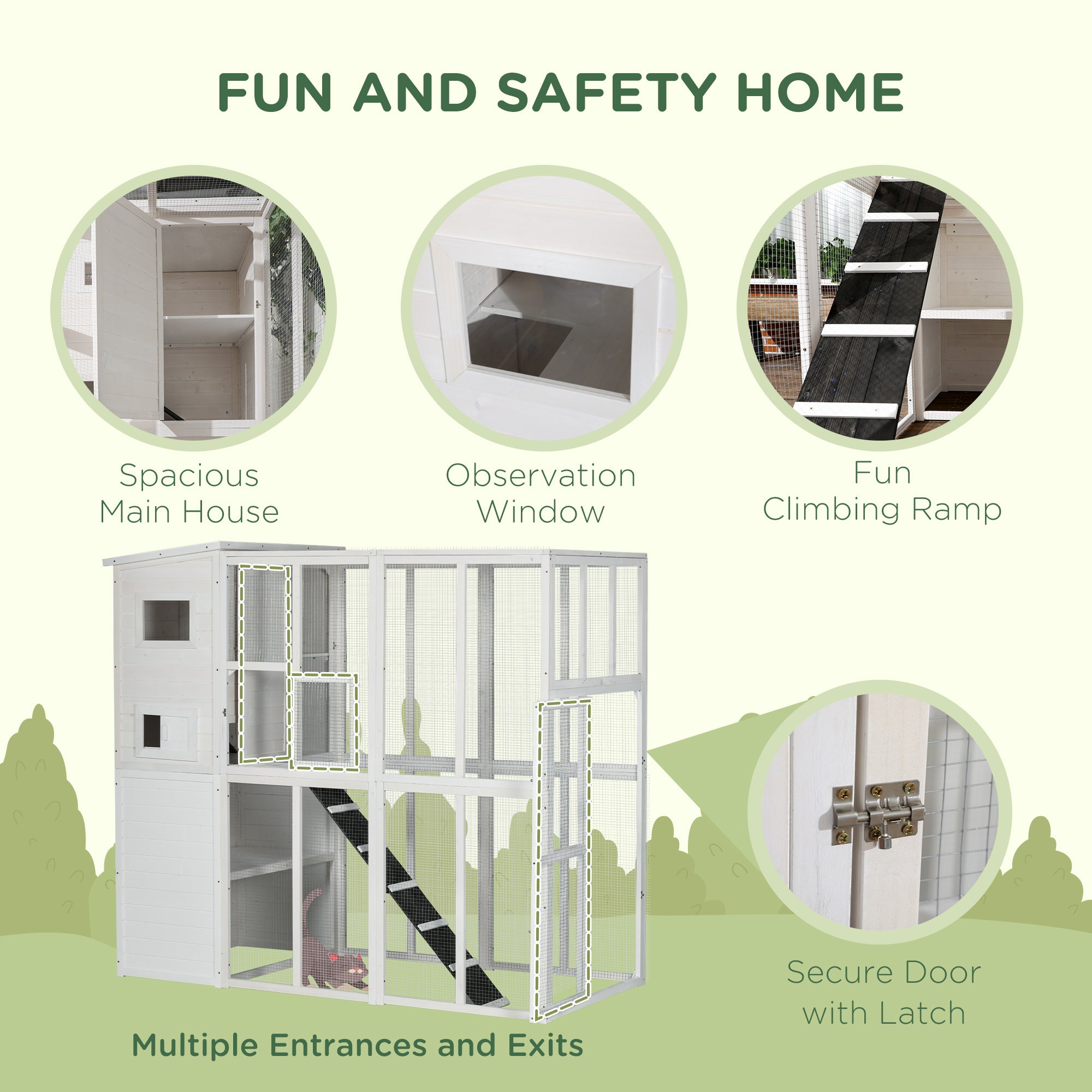 PawHut Large Catio Outdoor Cat Enclosure Weatherproof Cat House with Cat Condo, Indoor Wooden Cat Cage Pet Kennel, 77"L x 38"W x 69"H, White