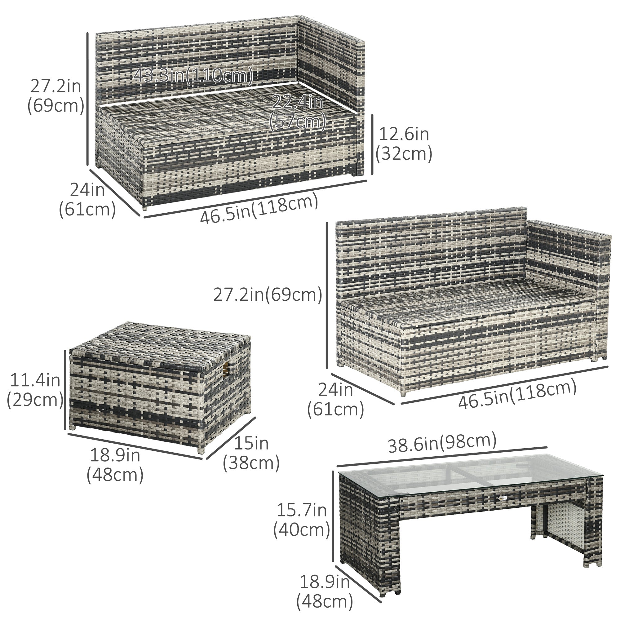 Outsunny 6 Piece Rattan Garden Furniture Set, 8-Seater Outdoor Sofa Sectional with 3 Loveseat Wicker Sofa with Cushions, 2 Footstools and Glass Table for Yard, Poolside, Navy Blue