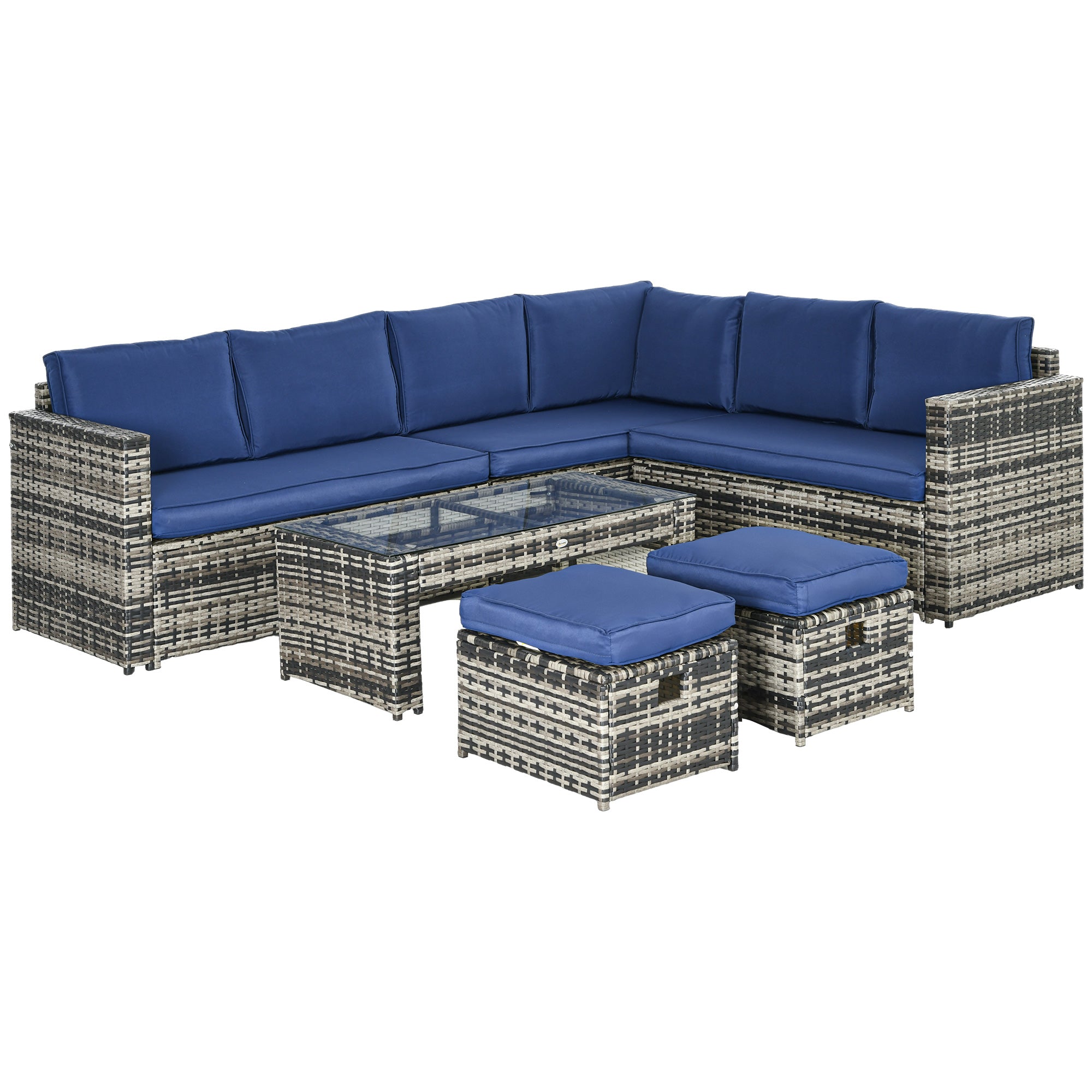 Outsunny 6 Piece Rattan Garden Furniture Set, 8-Seater Outdoor Sofa Sectional with 3 Loveseat Wicker Sofa with Cushions, 2 Footstools and Glass Table for Yard, Poolside, Navy Blue