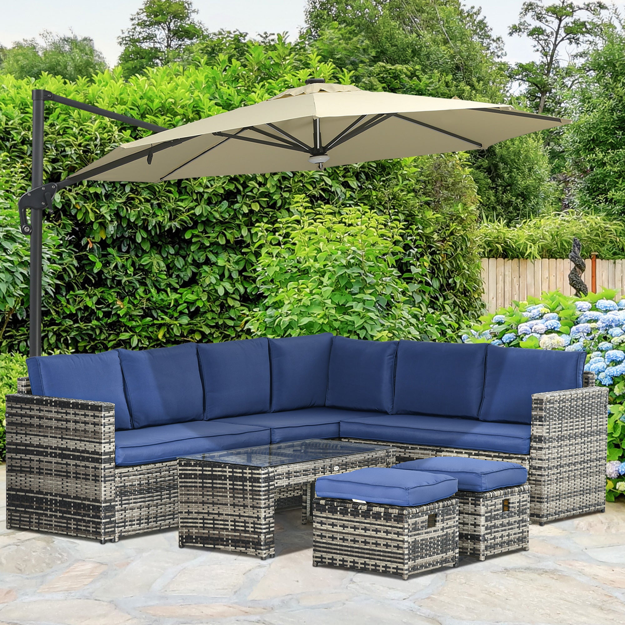Outsunny 6 Piece Rattan Garden Furniture Set, 8-Seater Outdoor Sofa Sectional with 3 Loveseat Wicker Sofa with Cushions, 2 Footstools and Glass Table for Yard, Poolside, Navy Blue