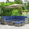 Outsunny 6 Piece Rattan Garden Furniture Set, 8-Seater Outdoor Sofa Sectional with 3 Loveseat Wicker Sofa with Cushions, 2 Footstools and Glass Table for Yard, Poolside, Navy Blue