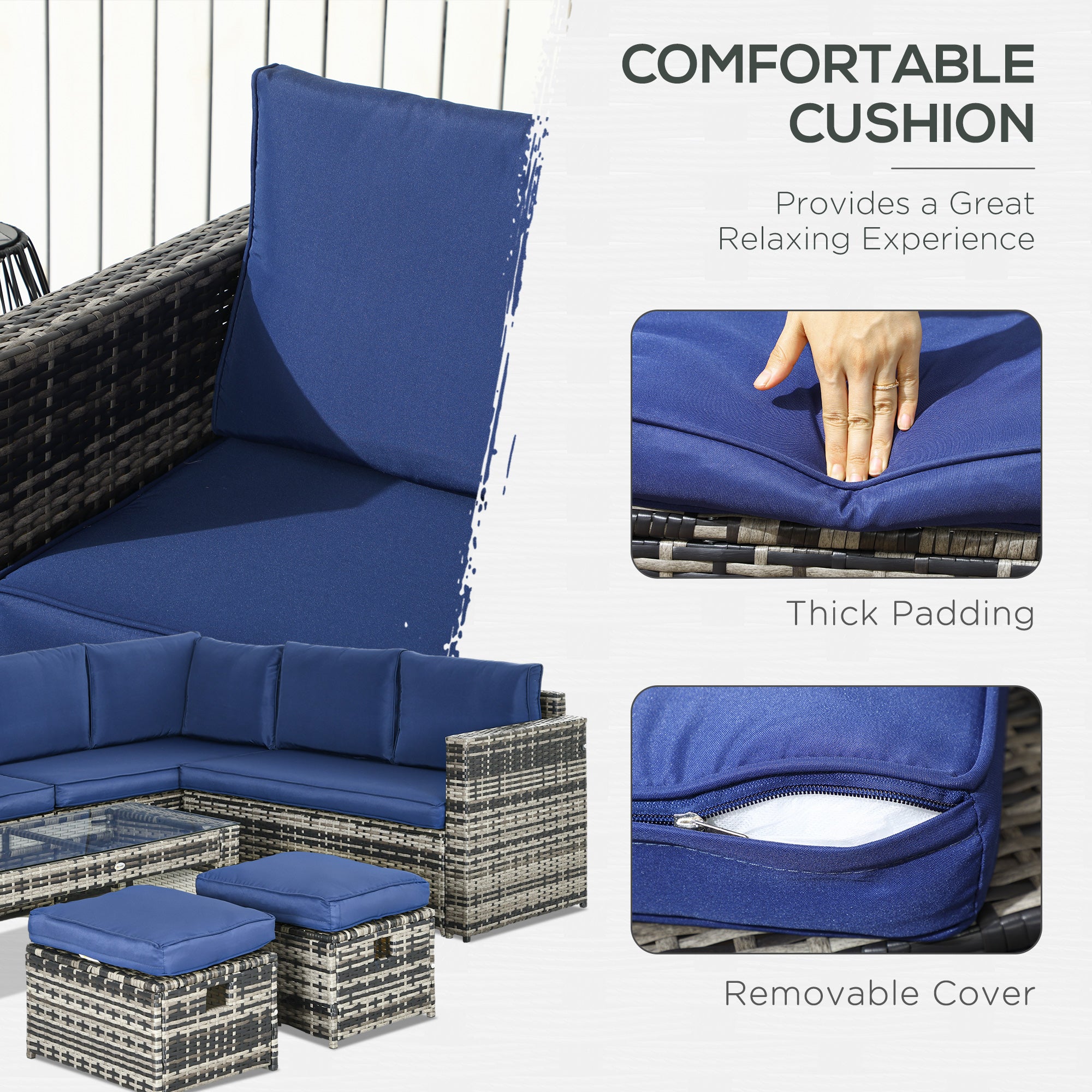 Outsunny 6 Piece Rattan Garden Furniture Set, 8-Seater Outdoor Sofa Sectional with 3 Loveseat Wicker Sofa with Cushions, 2 Footstools and Glass Table for Yard, Poolside, Navy Blue