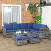 Outsunny 6 Piece Rattan Garden Furniture Set, 8-Seater Outdoor Sofa Sectional with 3 Loveseat Wicker Sofa with Cushions, 2 Footstools and Glass Table for Yard, Poolside, Navy Blue