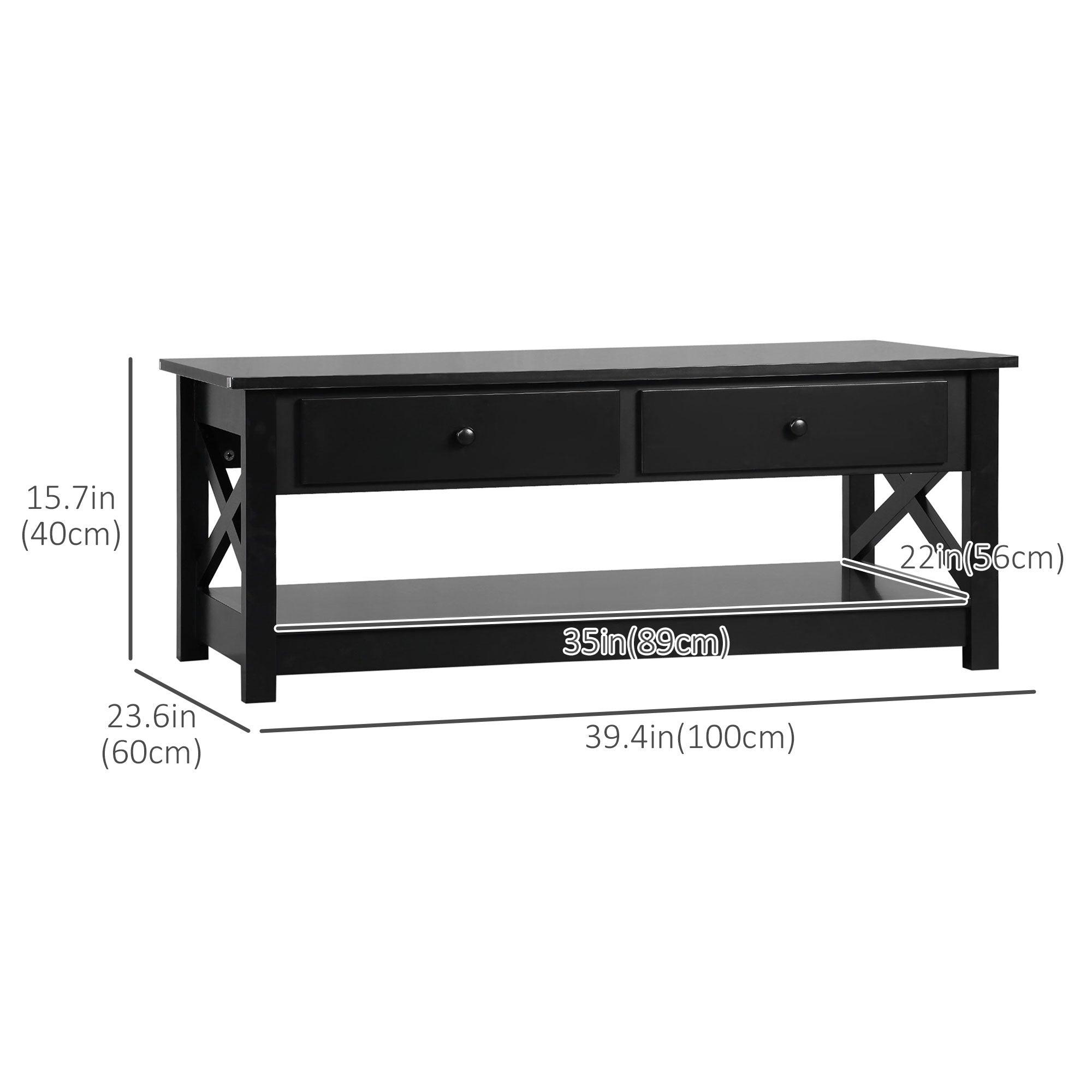 HOMCOM Coffee Table with Storage, Farmhouse Living Room Table with Drawers and Open Shelf, Centre Table with X-frames, Black