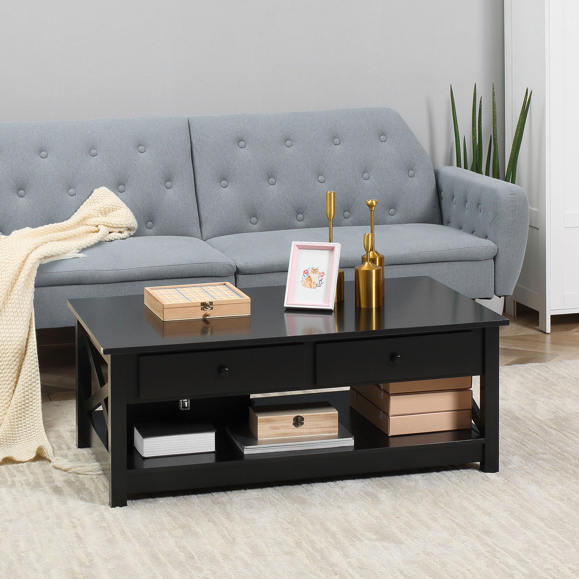 HOMCOM Coffee Table with Storage, Farmhouse Living Room Table with Drawers and Open Shelf, Centre Table with X-frames, Black