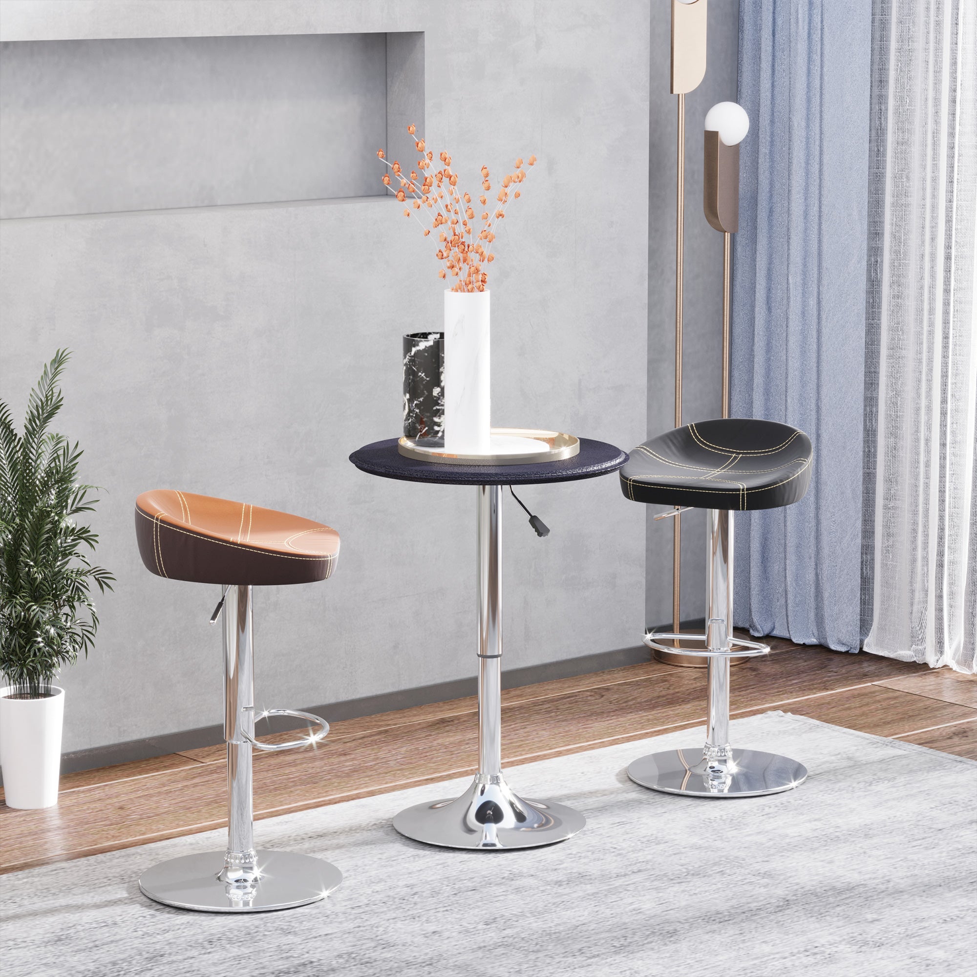 HOMCOM Round Bar Table, Adjustment Height Home Pub Bistro Table Faux Leather Covered Wooden Top Chrome Base, Black