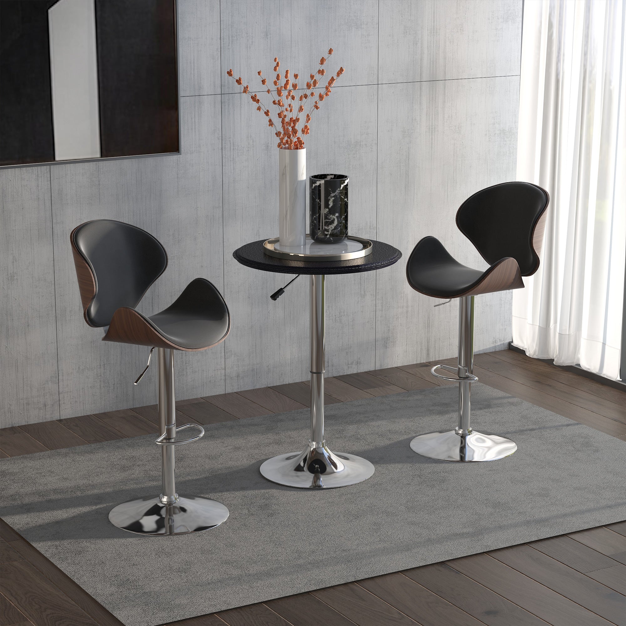 HOMCOM Round Bar Table, Adjustment Height Home Pub Bistro Table Faux Leather Covered Wooden Top Chrome Base, Black