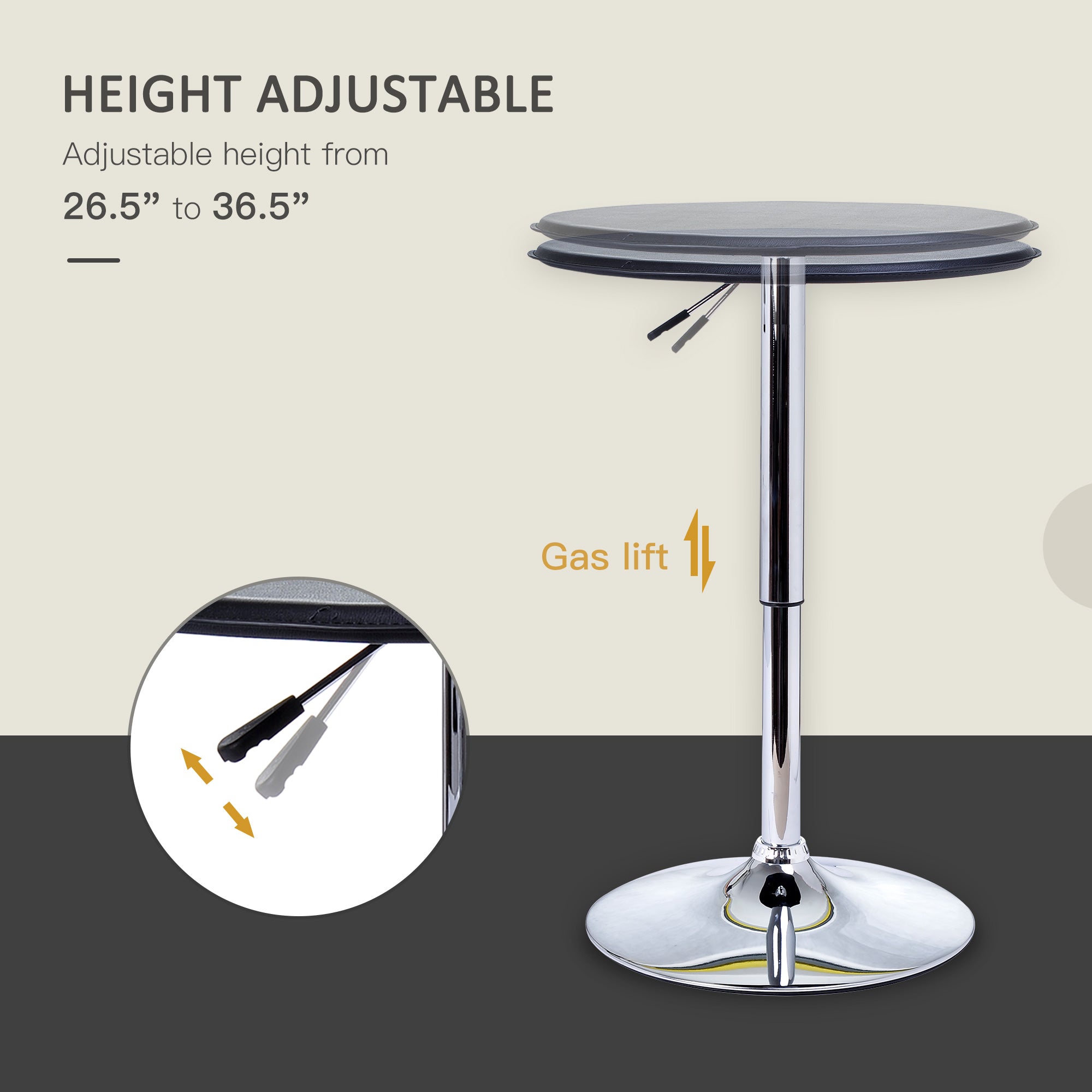 HOMCOM Round Bar Table, Adjustment Height Home Pub Bistro Table Faux Leather Covered Wooden Top Chrome Base, Black