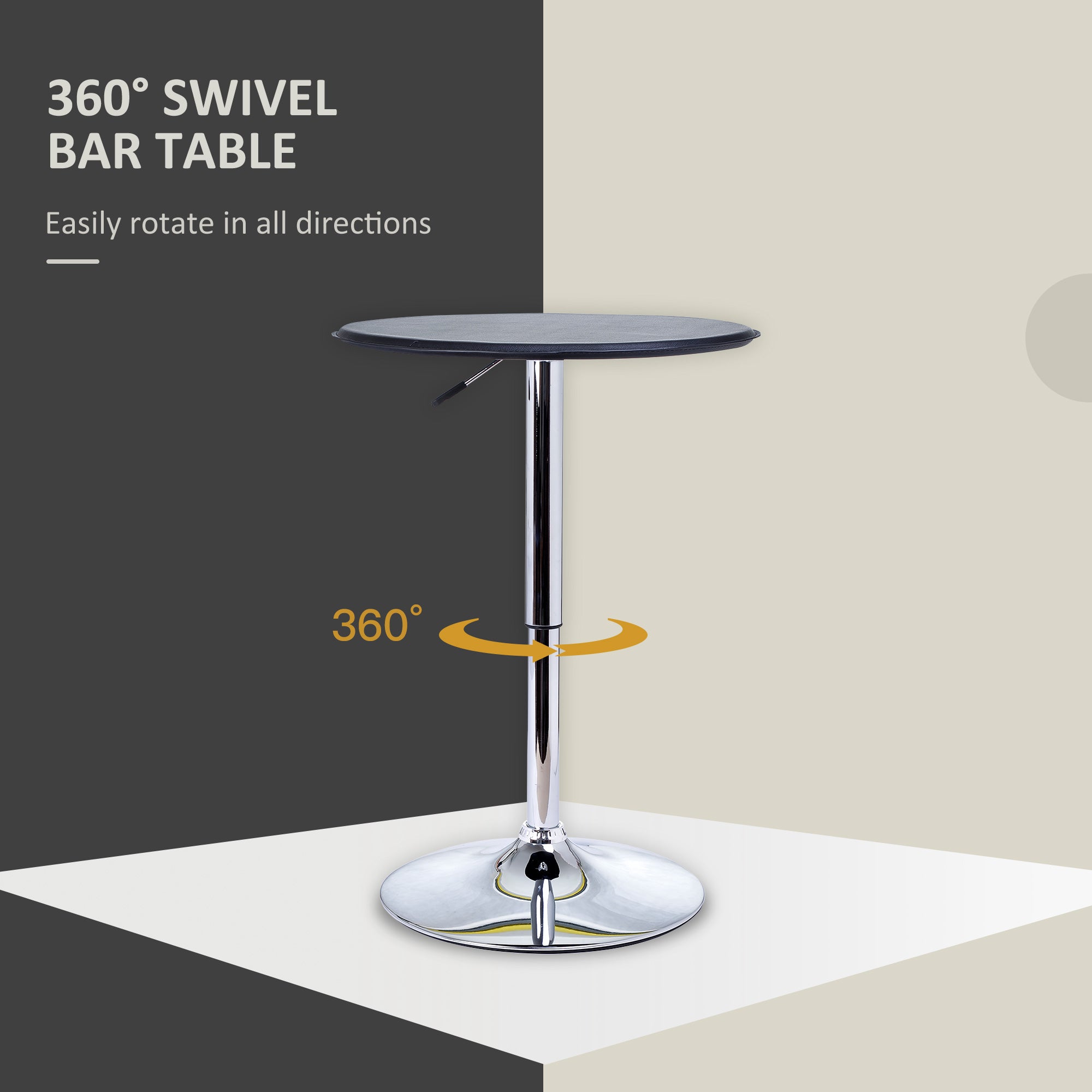 HOMCOM Round Bar Table, Adjustment Height Home Pub Bistro Table Faux Leather Covered Wooden Top Chrome Base, Black