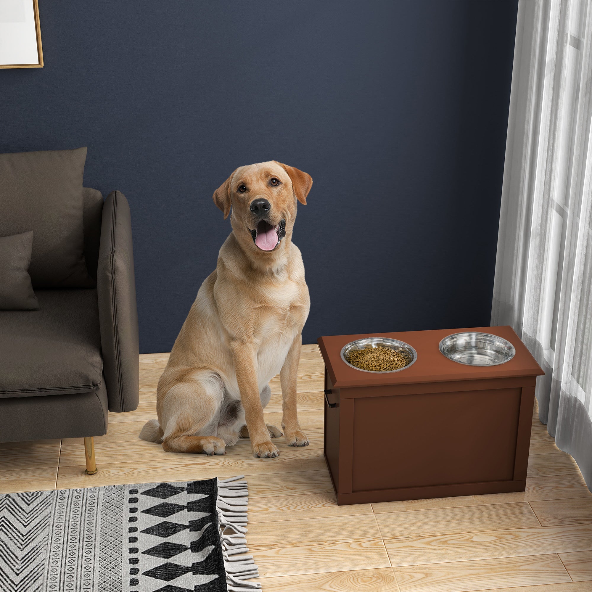 PawHut Elevated Dog Bowls for Large Dogs with Storage Dog Pet Diner Function 2 Stainless Steel Dog Bowls Elevated Base for Big-sized Dogs and Other Large Pets, Brown