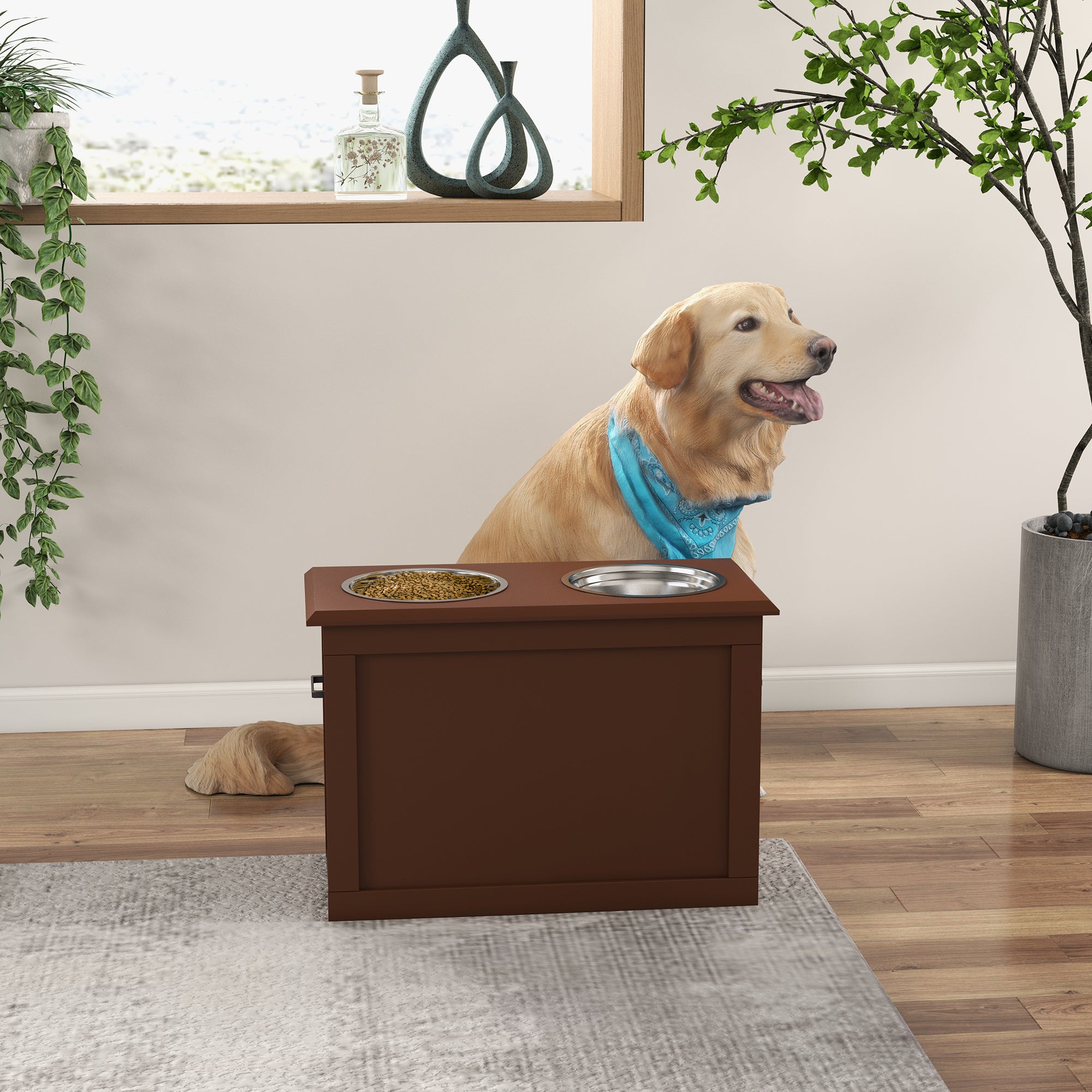 PawHut Elevated Dog Bowls for Large Dogs with Storage Dog Pet Diner Function 2 Stainless Steel Dog Bowls Elevated Base for Big-sized Dogs and Other Large Pets, Brown