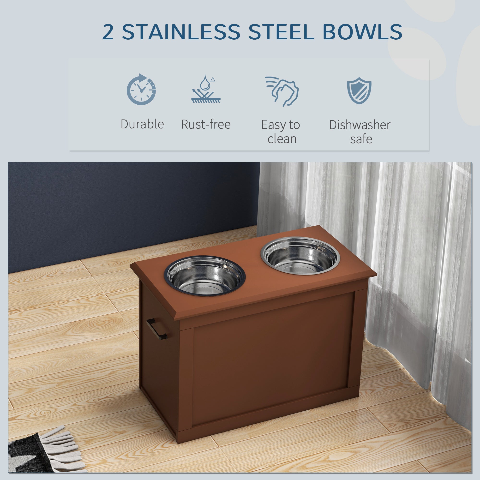 PawHut Elevated Dog Bowls for Large Dogs with Storage Dog Pet Diner Function 2 Stainless Steel Dog Bowls Elevated Base for Big-sized Dogs and Other Large Pets, Brown