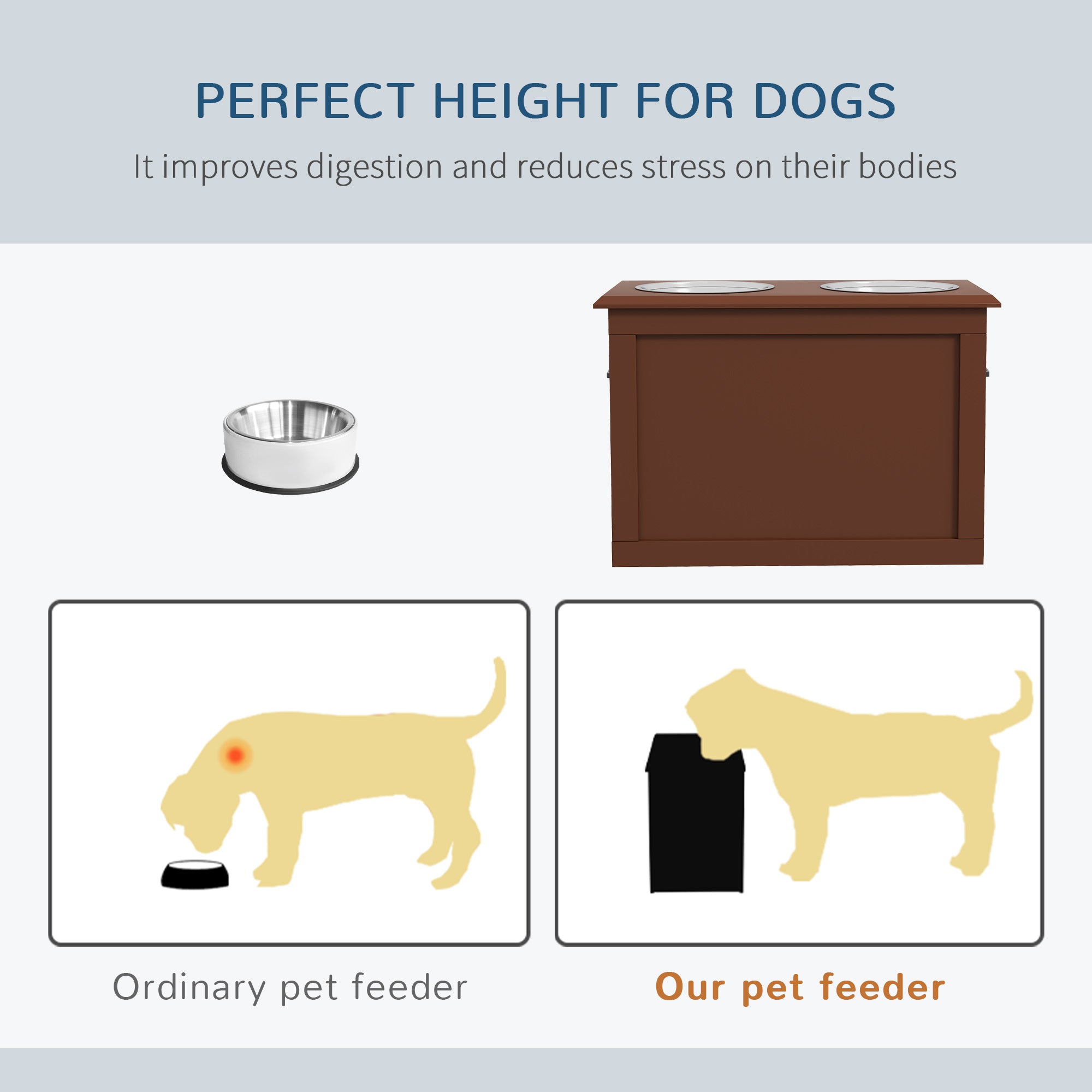 PawHut Elevated Dog Bowls for Large Dogs with Storage Dog Pet Diner Function 2 Stainless Steel Dog Bowls Elevated Base for Big-sized Dogs and Other Large Pets, Brown
