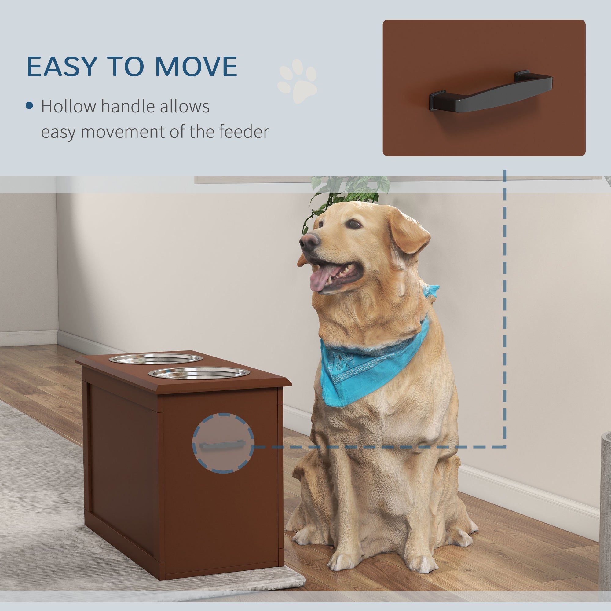 PawHut Elevated Dog Bowls for Large Dogs with Storage Dog Pet Diner Function 2 Stainless Steel Dog Bowls Elevated Base for Big-sized Dogs and Other Large Pets, Brown