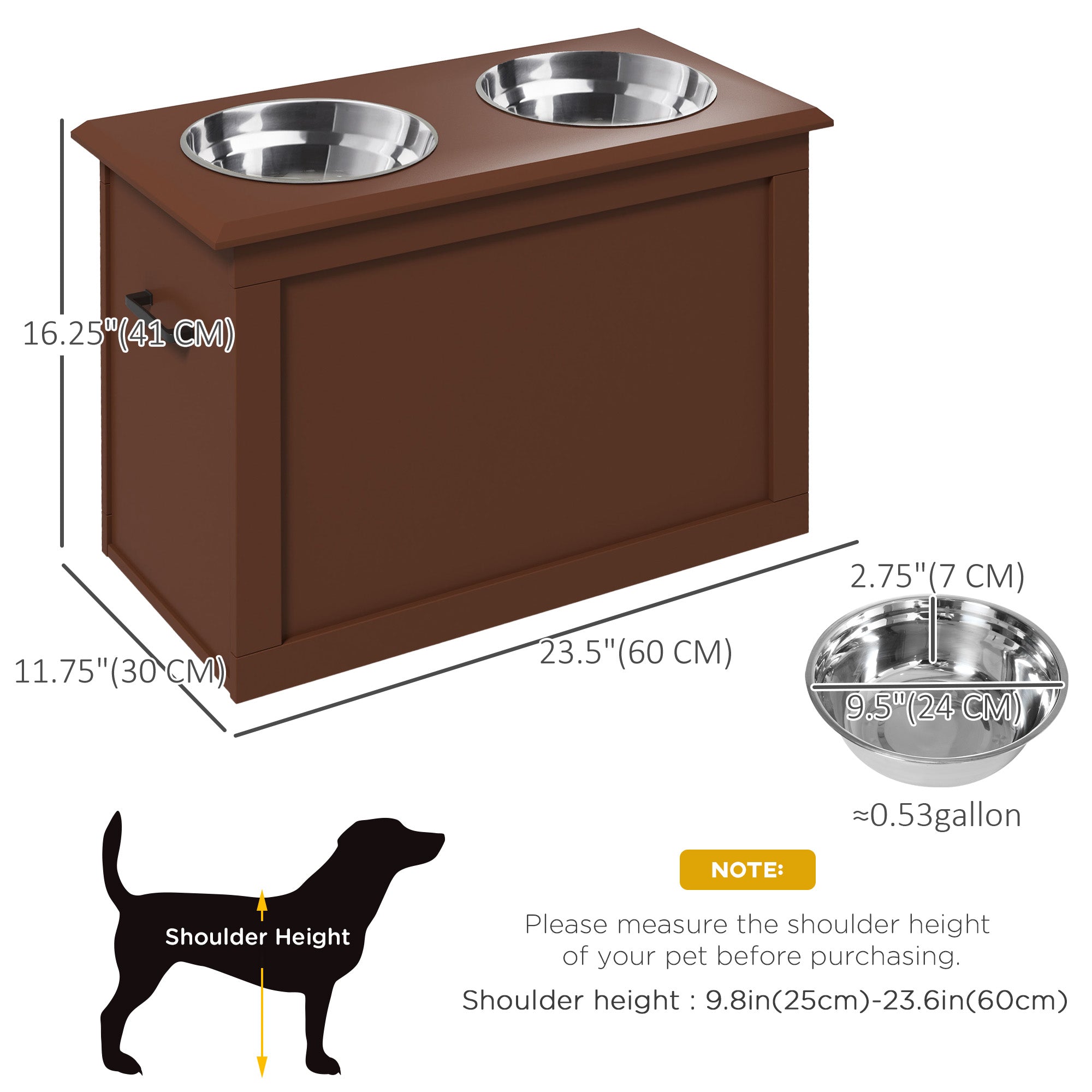 PawHut Elevated Dog Bowls for Large Dogs with Storage Dog Pet Diner Function 2 Stainless Steel Dog Bowls Elevated Base for Big-sized Dogs and Other Large Pets, Brown