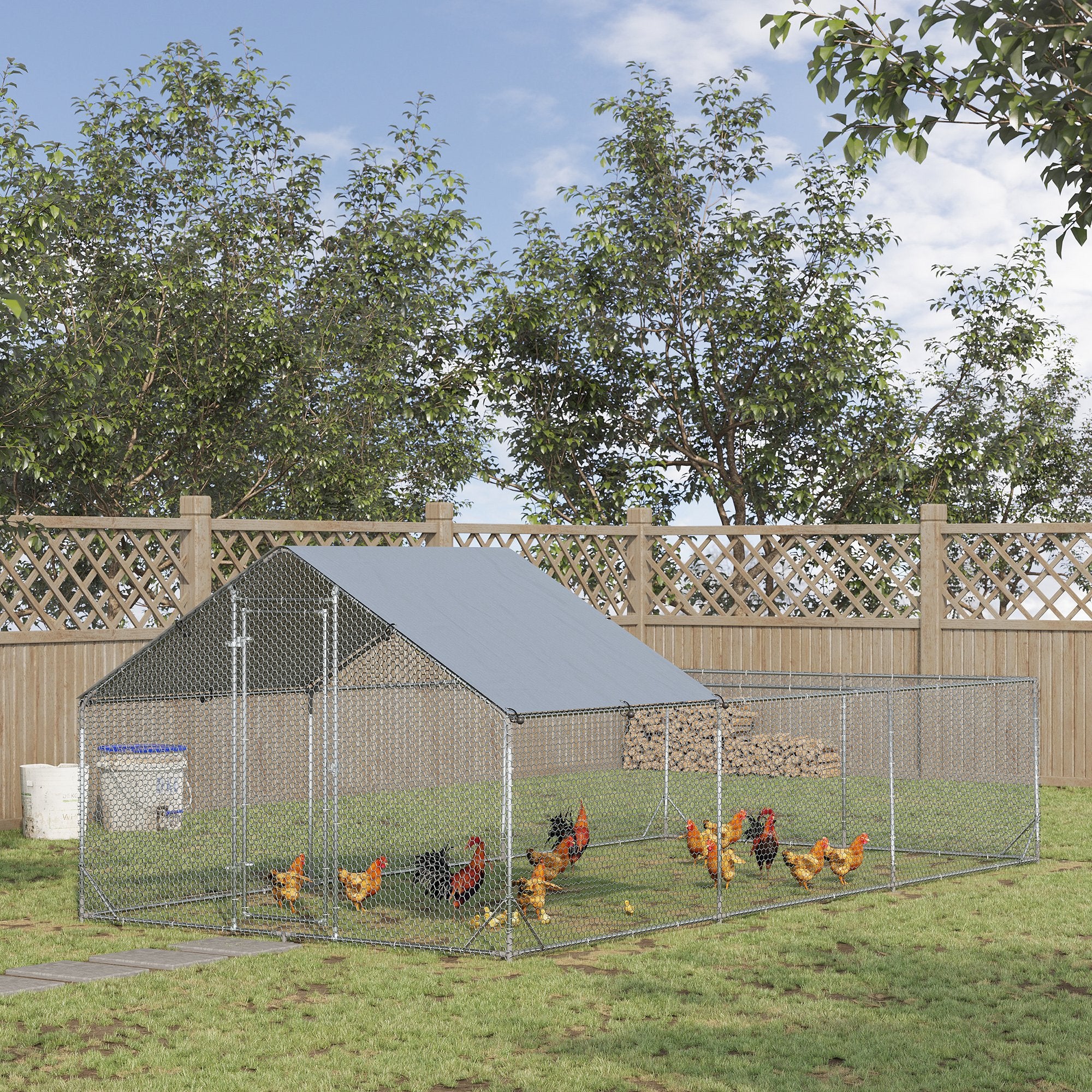 PawHut Large Metal Chicken Coop, Hen Run House with Anti-Ultraviolet Cover, Walk-in Poultry Cage for Ducks, Rabbits, Outdoor Backyard Farm, 19.7' x 9.8' x 6.4'