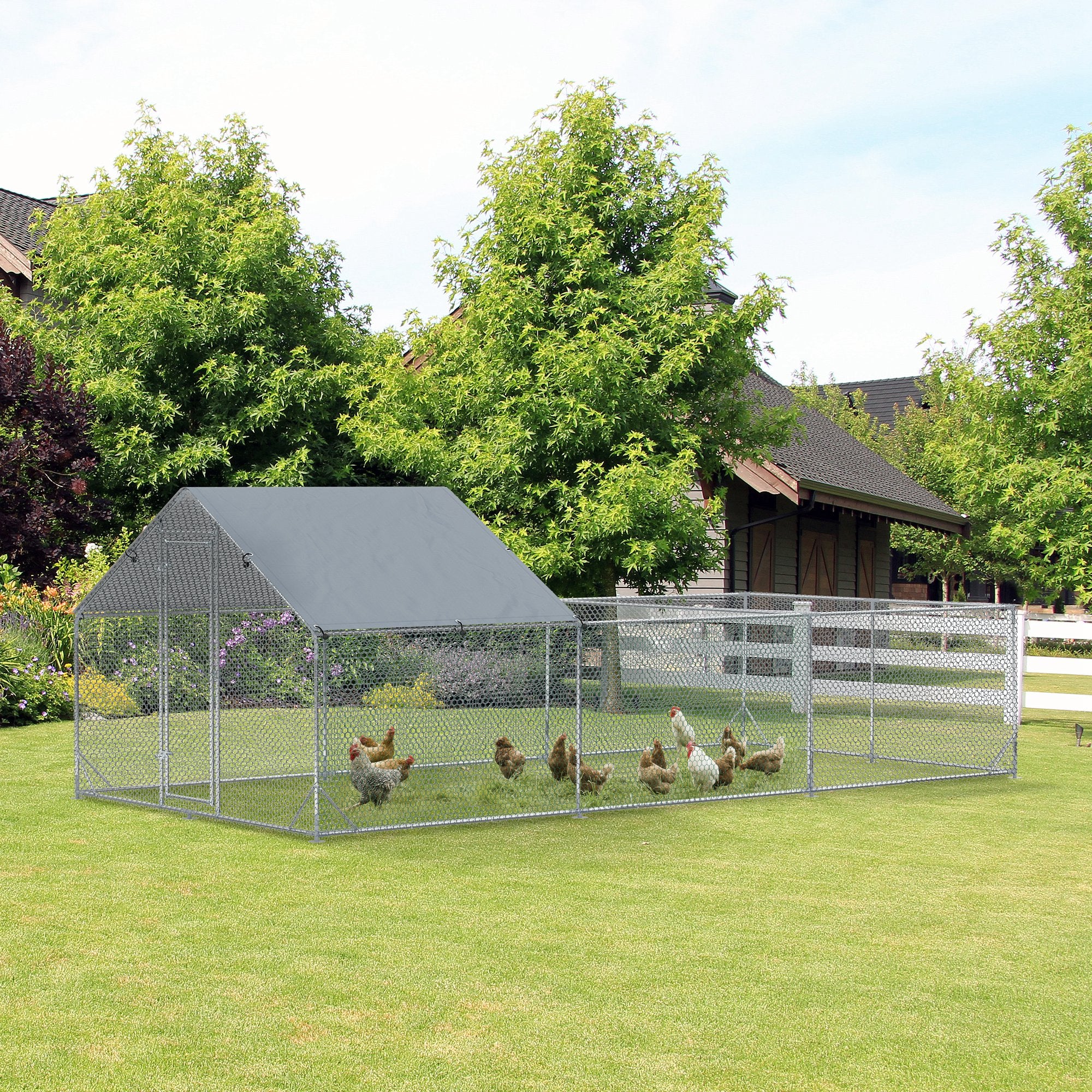 PawHut Large Metal Chicken Coop, Hen Run House with Anti-Ultraviolet Cover, Walk-in Poultry Cage for Ducks, Rabbits, Outdoor Backyard Farm, 19.7' x 9.8' x 6.4'