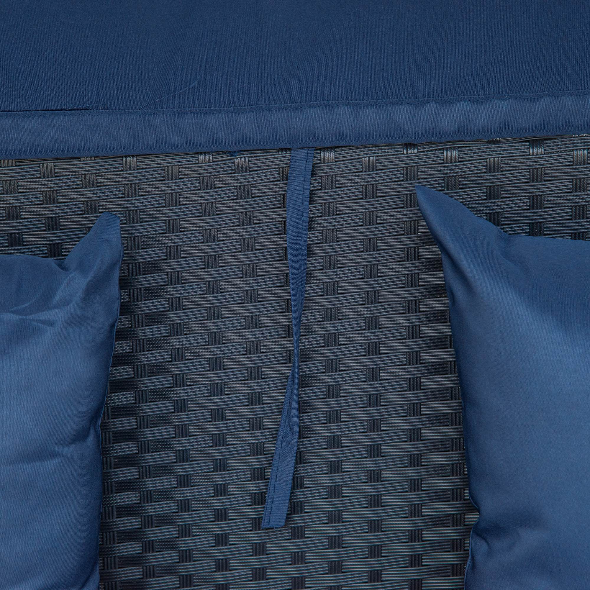 Outsunny 4 Pieces Rattan Daybed Patio PE Wicker Round Furniture Outdoor Rattan Garden Lounge Sofa Sets Sectional Conversation Set with Canopy, Cushions, & Pillows, Dark Blue