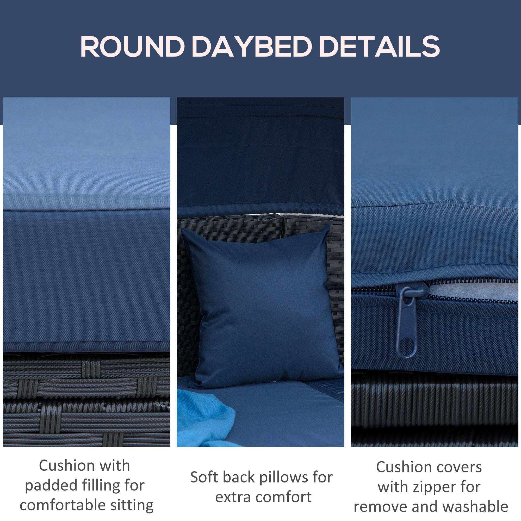 Outsunny 4 Pieces Rattan Daybed Patio PE Wicker Round Furniture Outdoor Rattan Garden Lounge Sofa Sets Sectional Conversation Set with Canopy, Cushions, & Pillows, Dark Blue