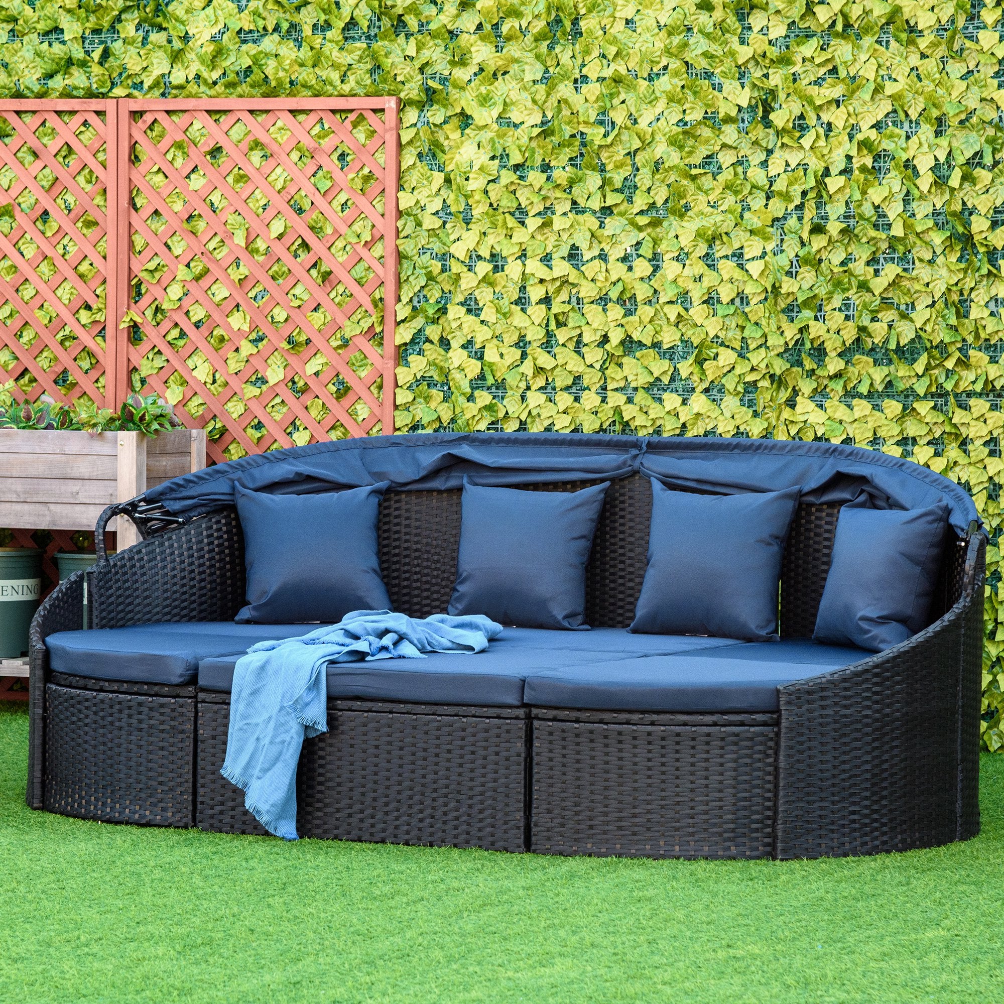Outsunny 4 Pieces Rattan Daybed Patio PE Wicker Round Furniture Outdoor Rattan Garden Lounge Sofa Sets Sectional Conversation Set with Canopy, Cushions, & Pillows, Dark Blue