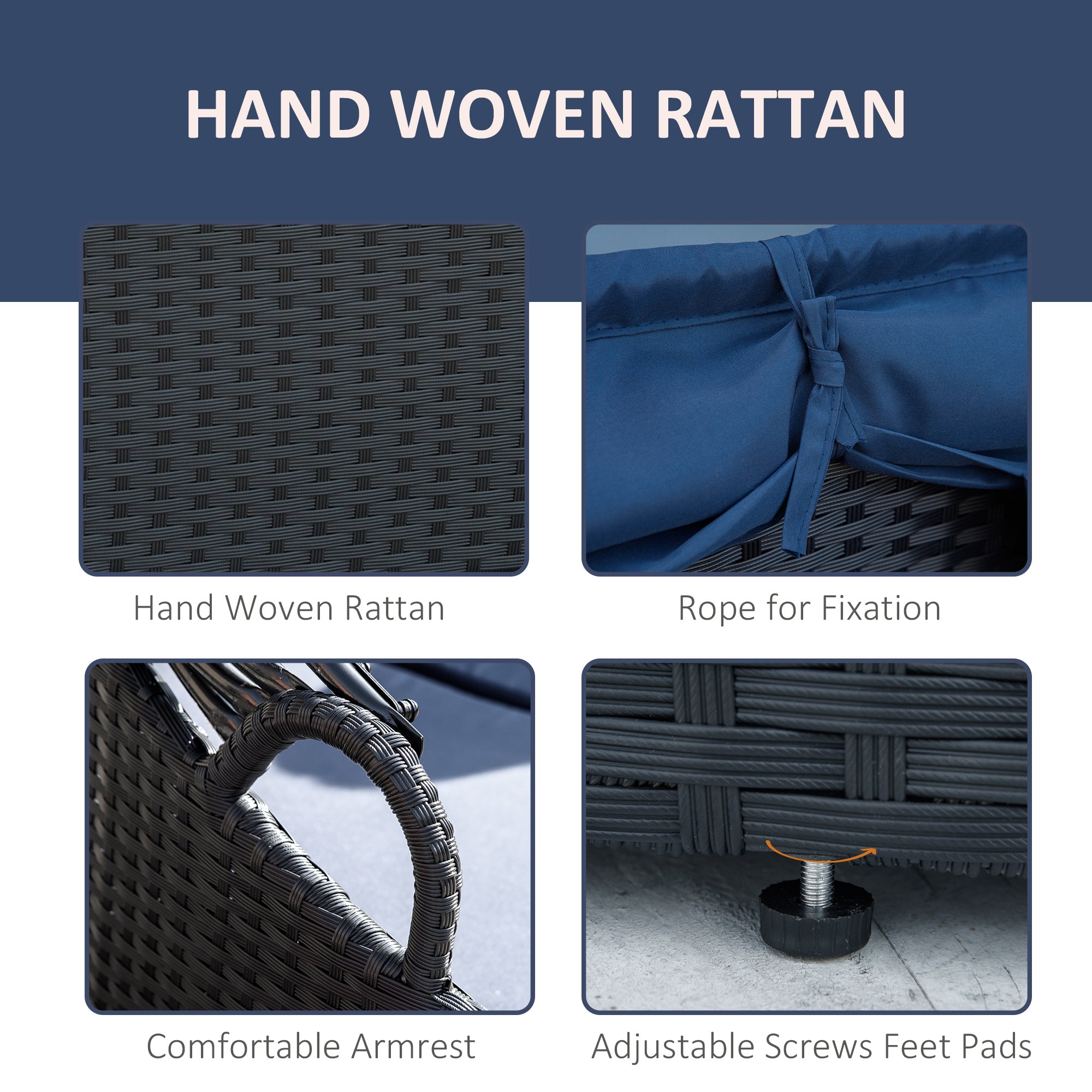 Outsunny 4 Pieces Rattan Daybed Patio PE Wicker Round Furniture Outdoor Rattan Garden Lounge Sofa Sets Sectional Conversation Set with Canopy, Cushions, & Pillows, Dark Blue