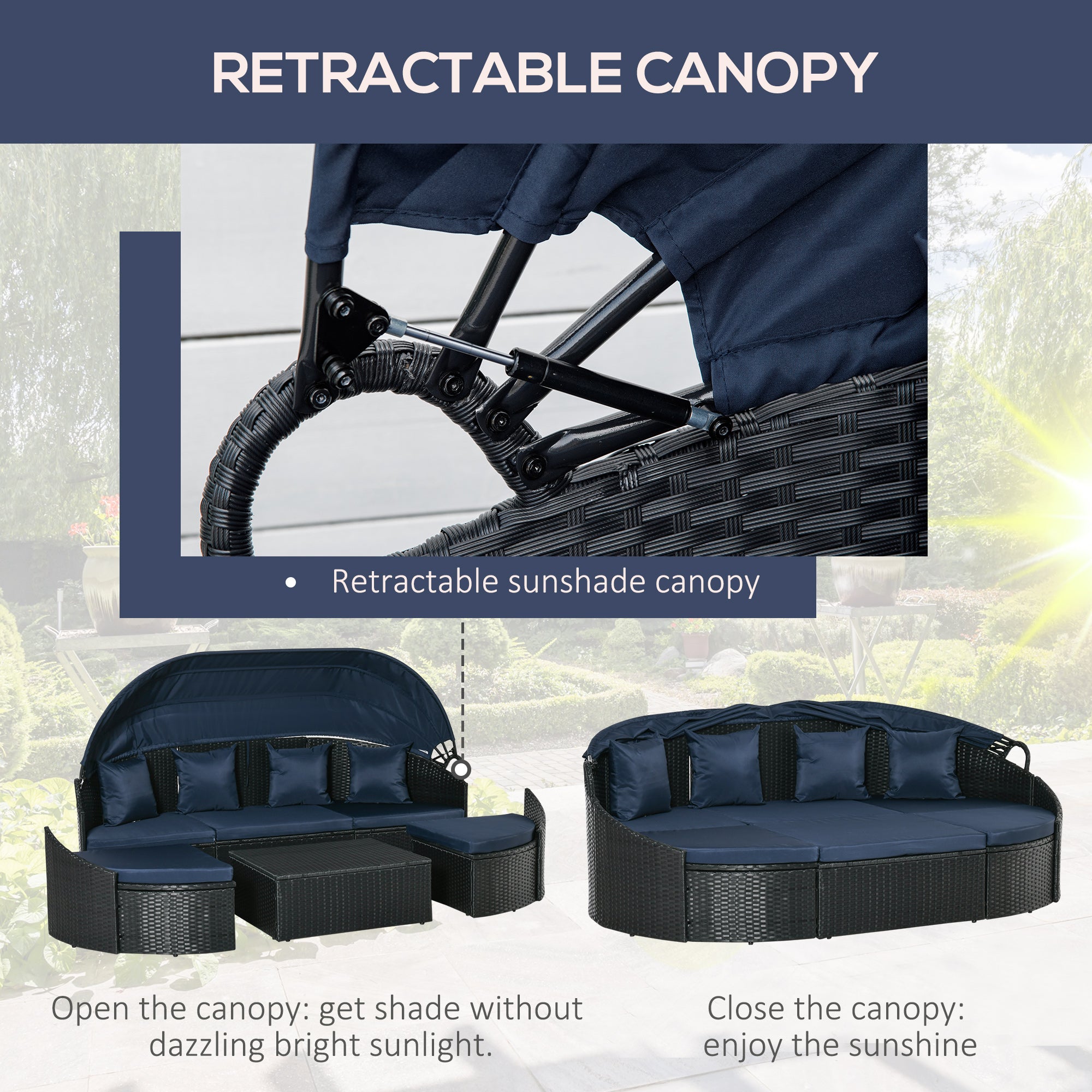 Outsunny 4 Pieces Rattan Daybed Patio PE Wicker Round Furniture Outdoor Rattan Garden Lounge Sofa Sets Sectional Conversation Set with Canopy, Cushions, & Pillows, Dark Blue