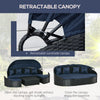 Outsunny 4 Pieces Rattan Daybed Patio PE Wicker Round Furniture Outdoor Rattan Garden Lounge Sofa Sets Sectional Conversation Set with Canopy, Cushions, & Pillows, Dark Blue