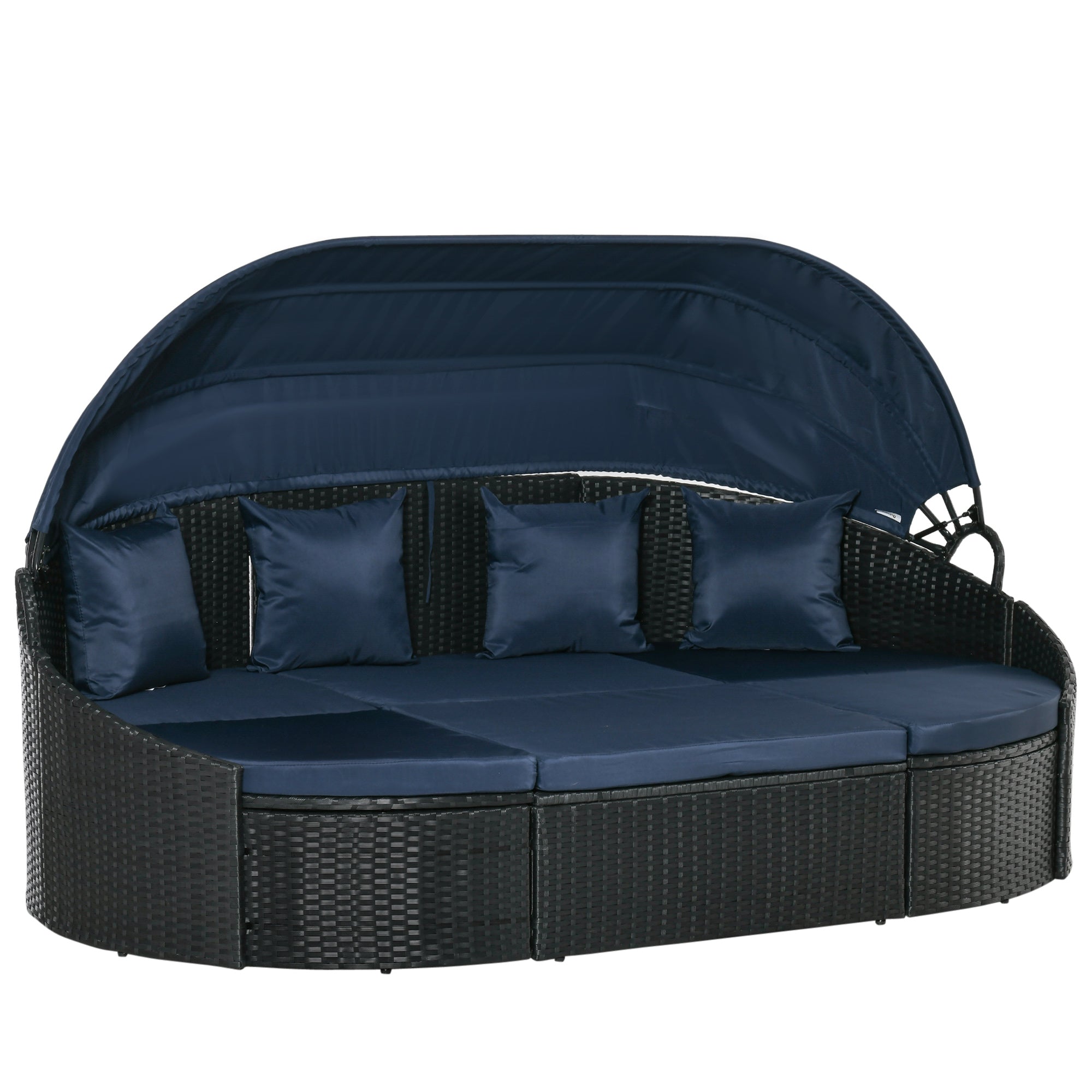 Outsunny 4 Pieces Rattan Daybed Patio PE Wicker Round Furniture Outdoor Rattan Garden Lounge Sofa Sets Sectional Conversation Set with Canopy, Cushions, & Pillows, Dark Blue