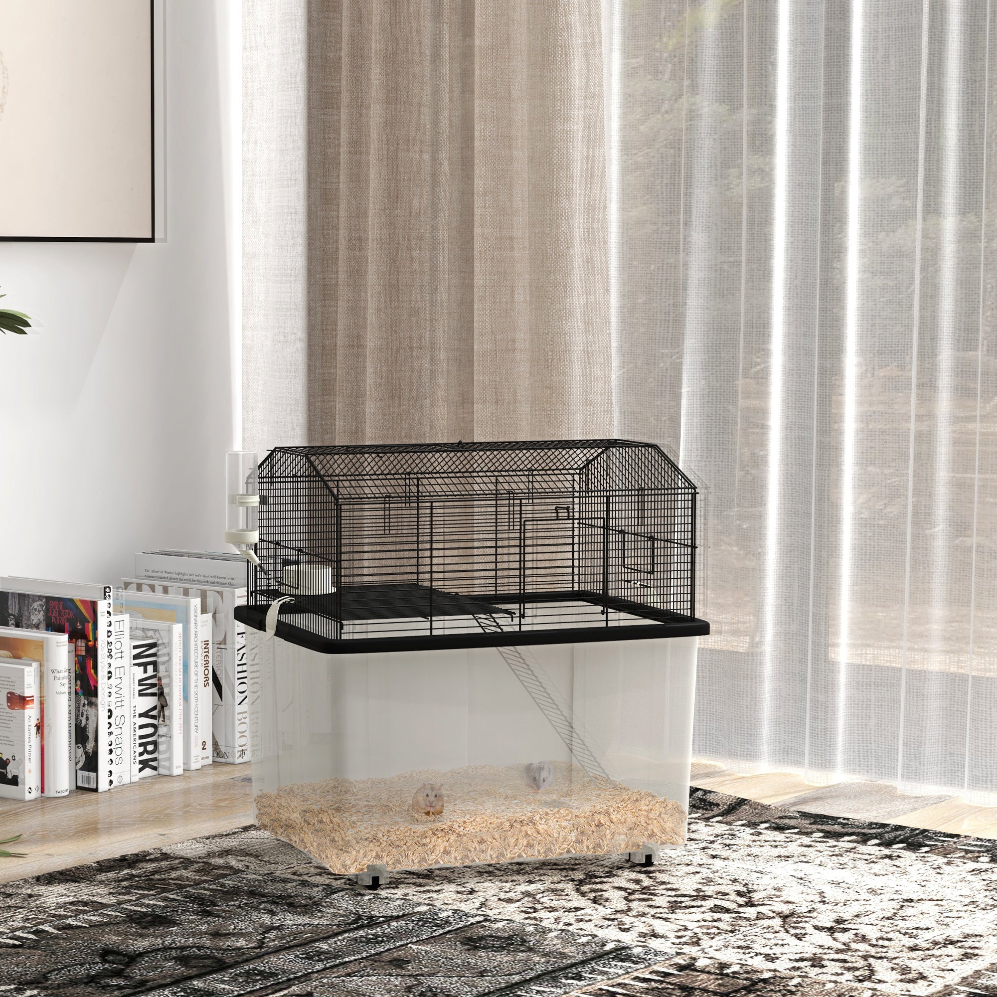 PawHut Hamster Cage with Accessories, Portable Gerbil Habitat for Dwarf Hamster and Syrian Hamster with Detachable Bottom, Ramp, Platform, Food Bowl, Water Bottle, 22