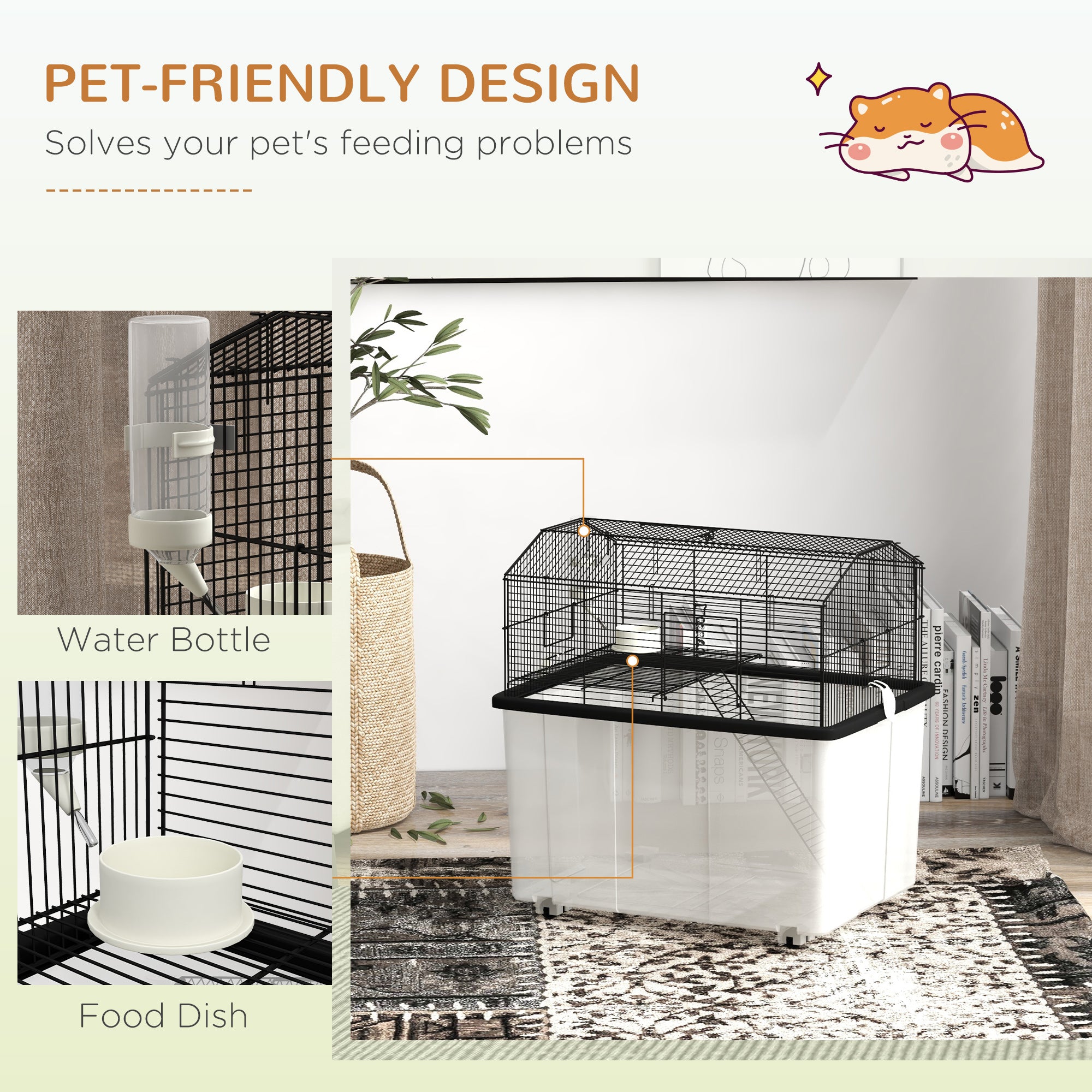 PawHut Hamster Cage with Accessories, Portable Gerbil Habitat for Dwarf Hamster and Syrian Hamster with Detachable Bottom, Ramp, Platform, Food Bowl, Water Bottle, 22