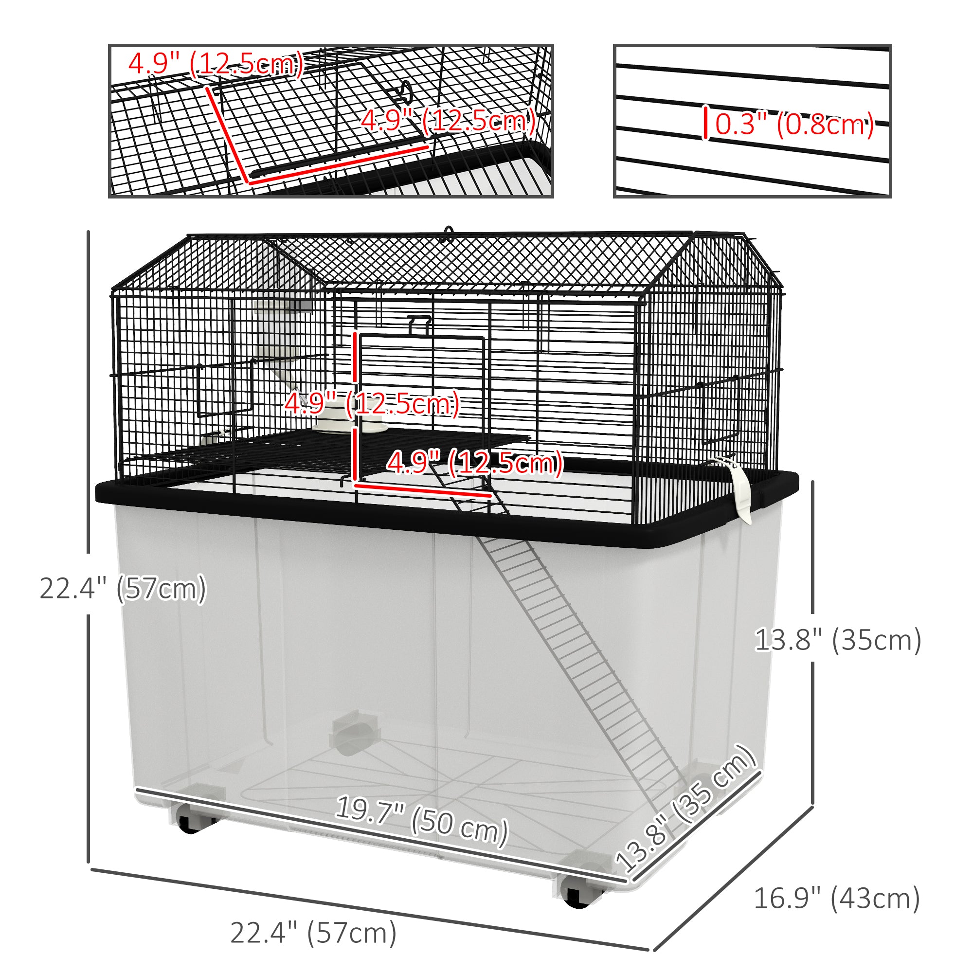 PawHut Hamster Cage with Accessories, Portable Gerbil Habitat for Dwarf Hamster and Syrian Hamster with Detachable Bottom, Ramp, Platform, Food Bowl, Water Bottle, 22