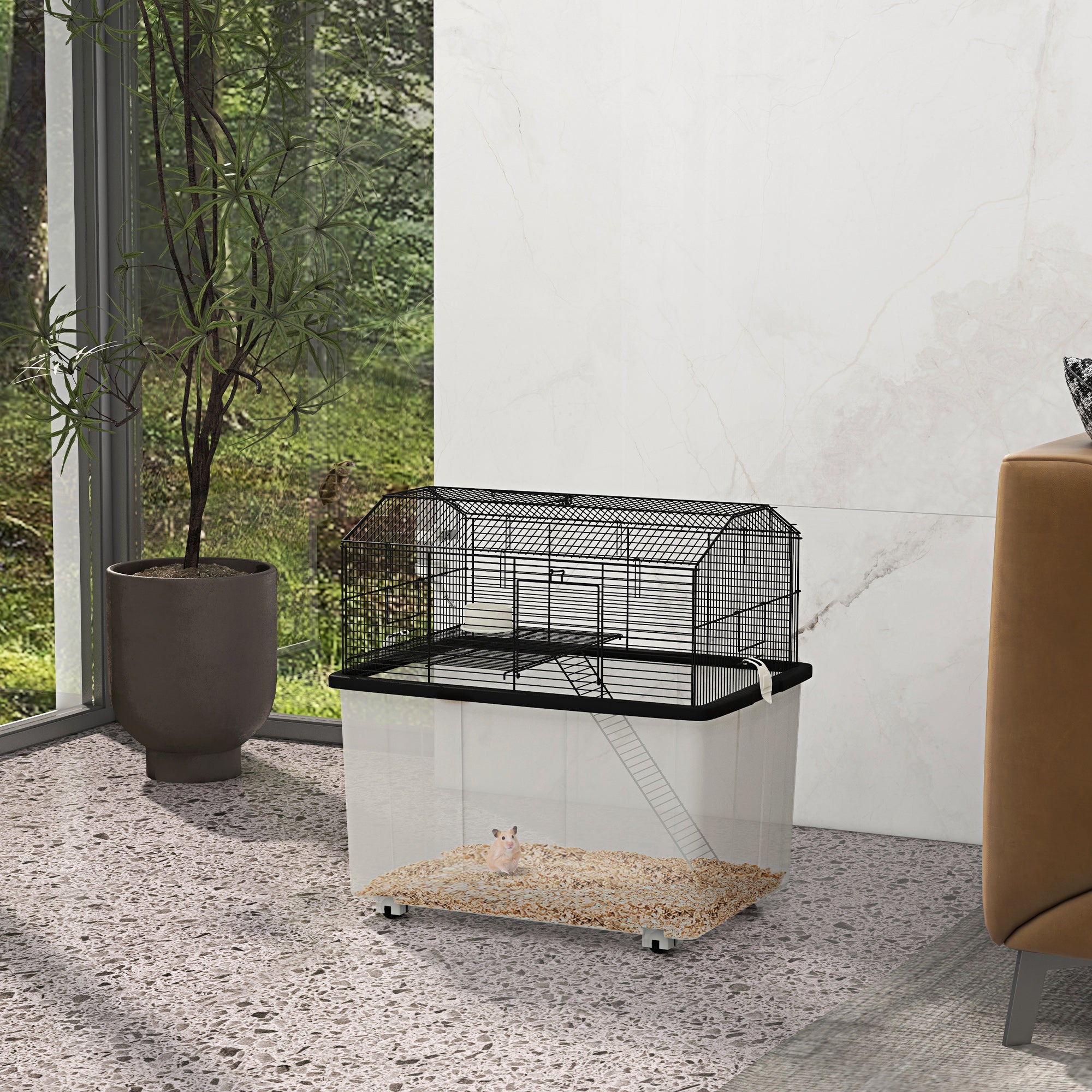 PawHut Hamster Cage with Accessories, Portable Gerbil Habitat for Dwarf Hamster and Syrian Hamster with Detachable Bottom, Ramp, Platform, Food Bowl, Water Bottle, 22" x 17" x 22"