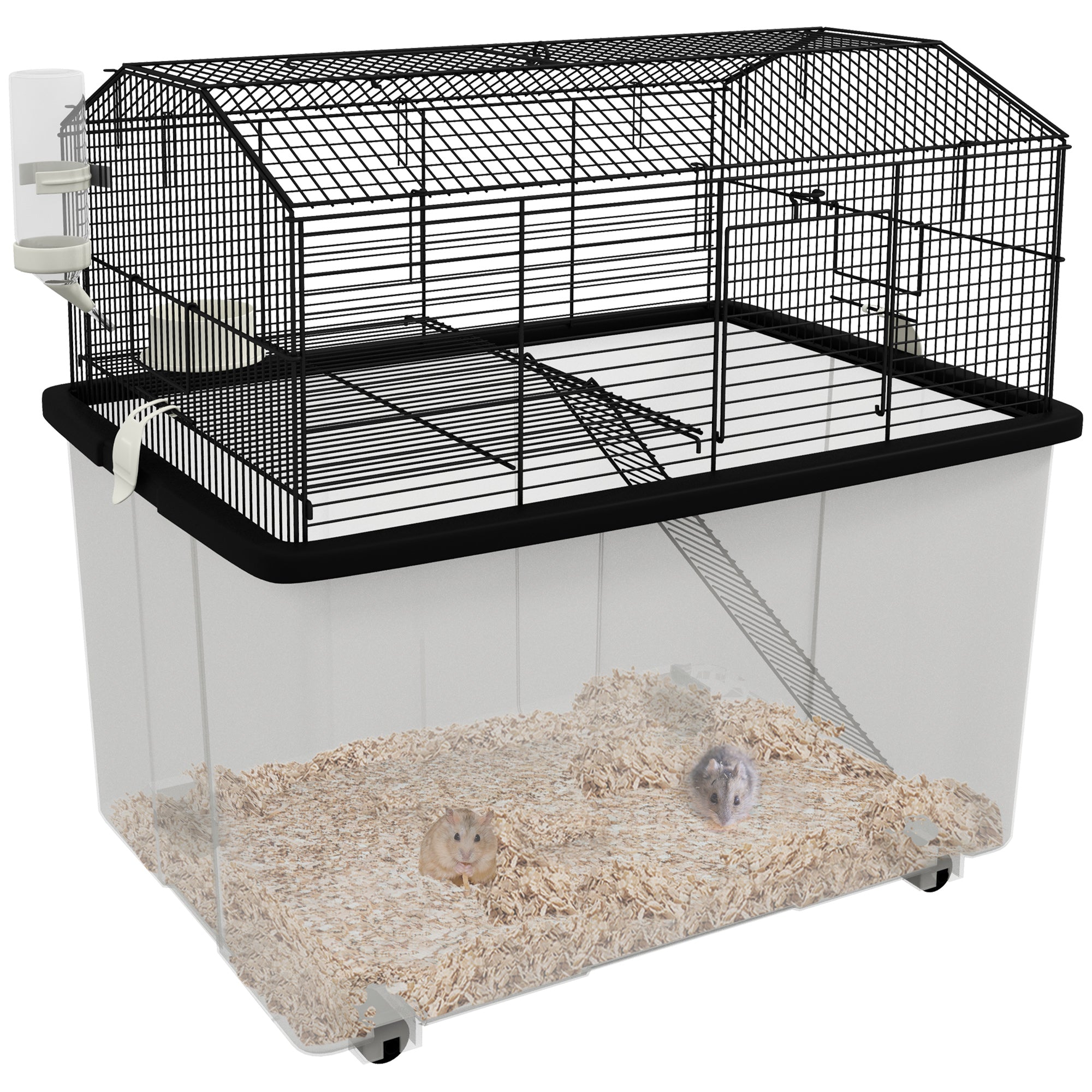 PawHut Hamster Cage with Accessories, Portable Gerbil Habitat for Dwarf Hamster and Syrian Hamster with Detachable Bottom, Ramp, Platform, Food Bowl, Water Bottle, 22